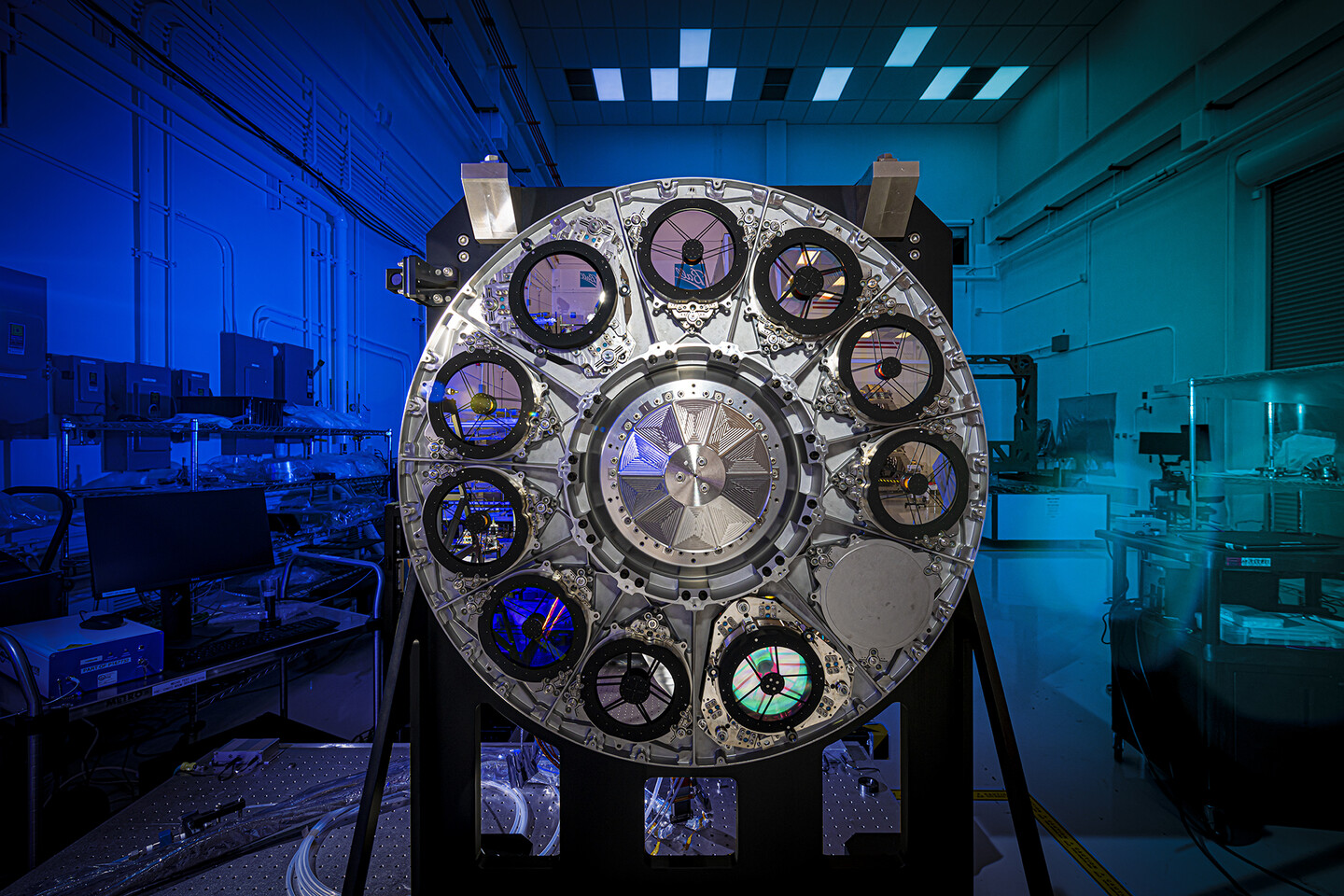 spy satellite in lab with blue background