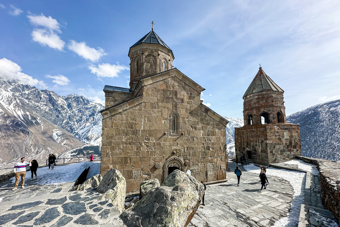 Church with mountains in the background.
