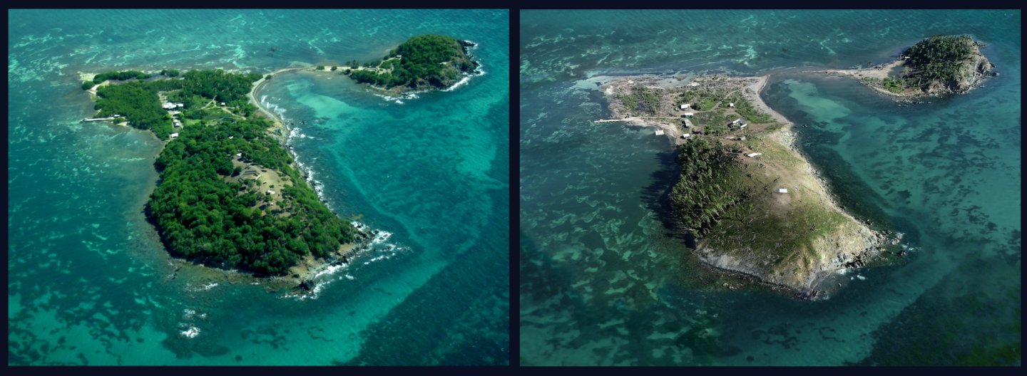 Side-by-side images of the Island of Cayo Santiago in Puerto Rico before and after Hurricane Maria. On the left (Pre-Hurricane Maria 2008), the island has a dense brush and much tree coverage. On the right (Post Hurricane Maria, 2020), less vegetation and minimal tree coverage. 