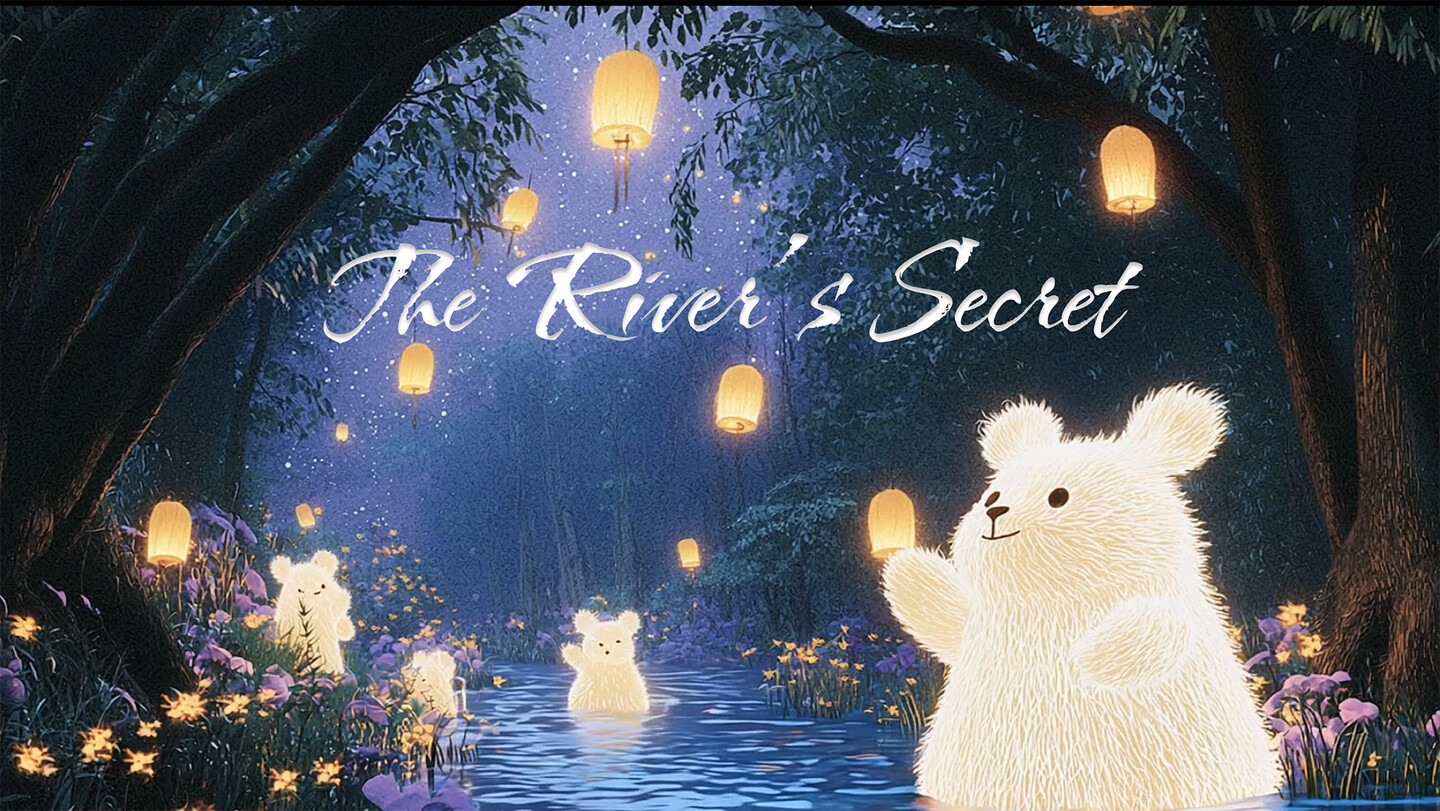 The River's Secret with animated bears and glowing lanterns