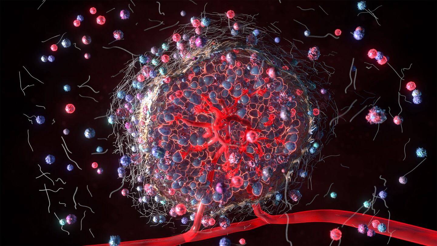  3D visualization showing a reddish-blue tumor mass with internal vasculature, surrounded by blue CAR T cells and small extracellular vesicles against a dark background.