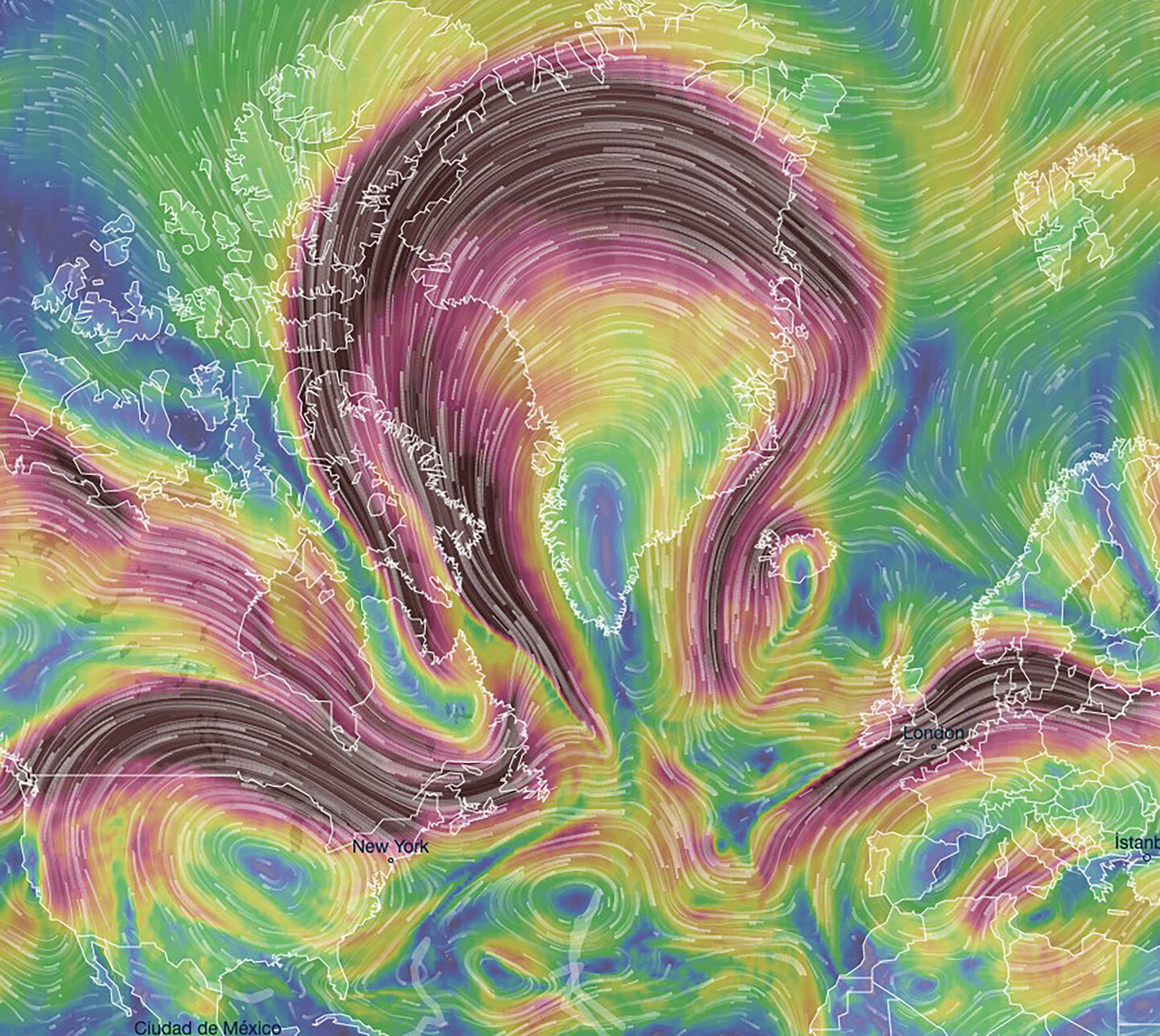 Visualization of air movement over the globe.