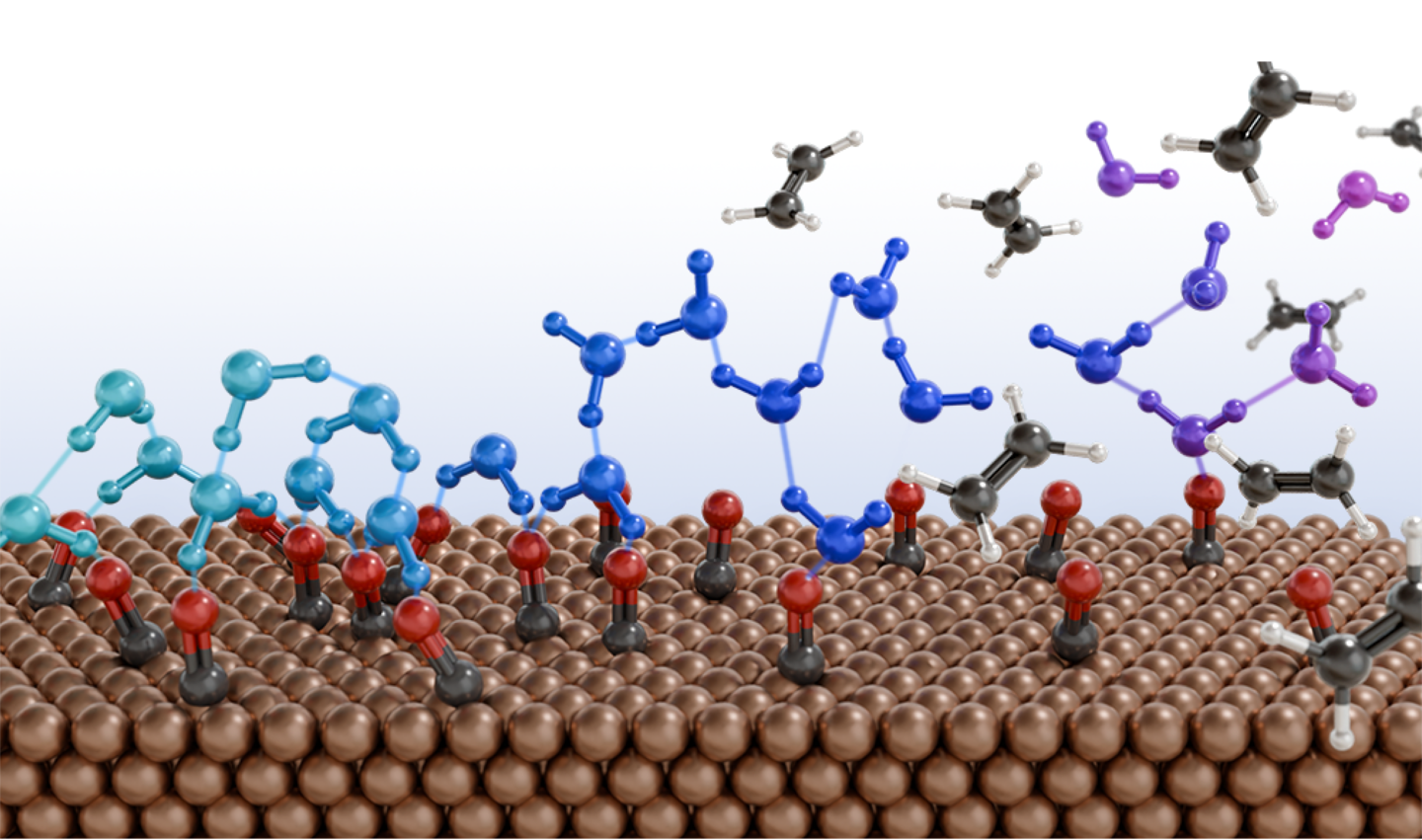 3D rendering of water molecules on a copper surface.