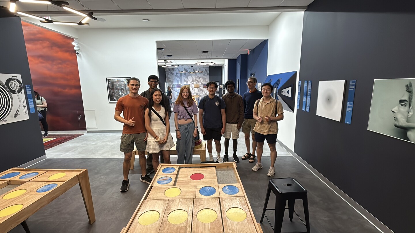 From left to right: Christian Stuit; Nihar Ballamudi; Katherine Zhang; Sydney Fitzgerald; Justin Duong; Chinmay Govind; visiting scholar John Spiesberger; and Mason Liu