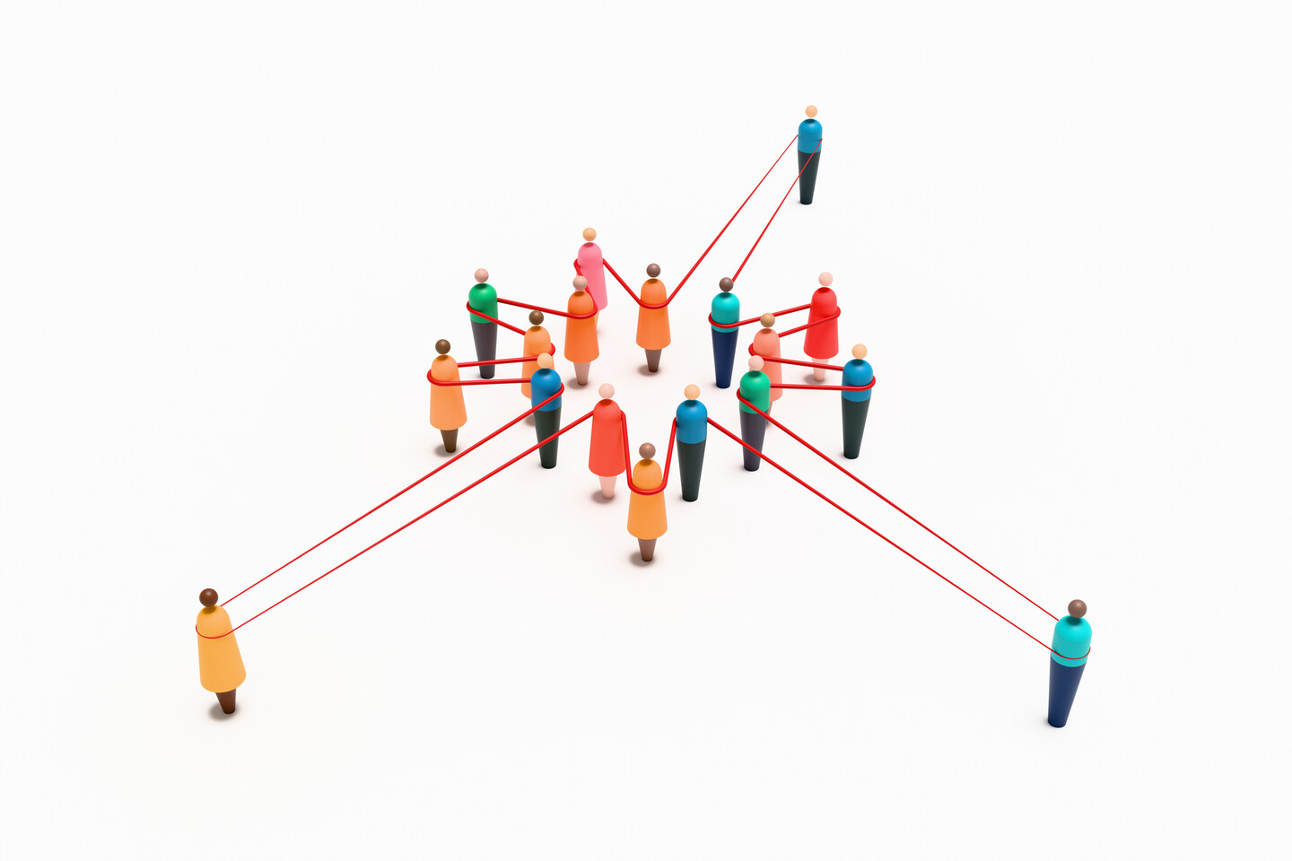 Artist rendering of several people conected with string stretch their connections to the limit, testing the strength of unity.