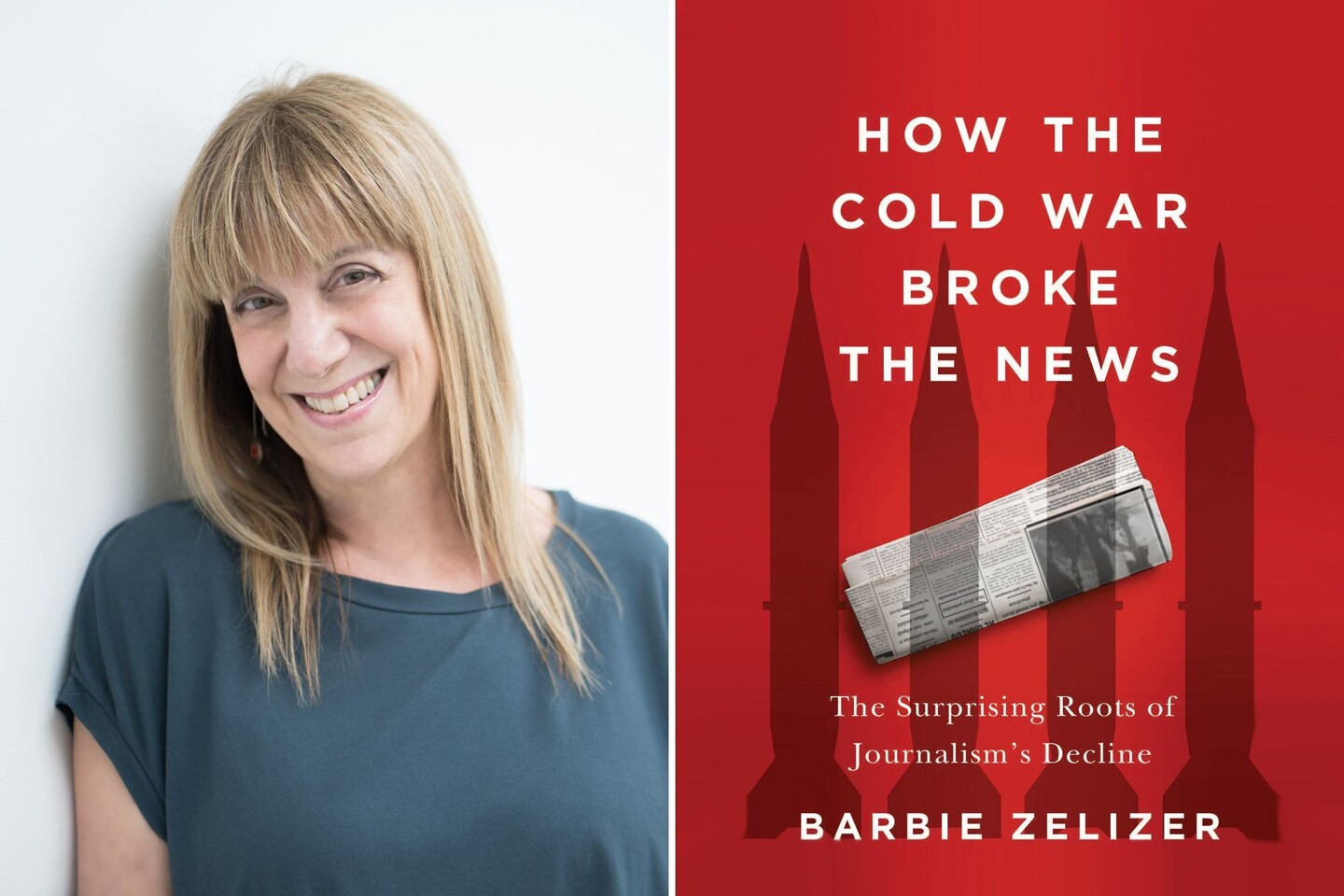 Headshot of Barbie Zelizer and cover of her new book.