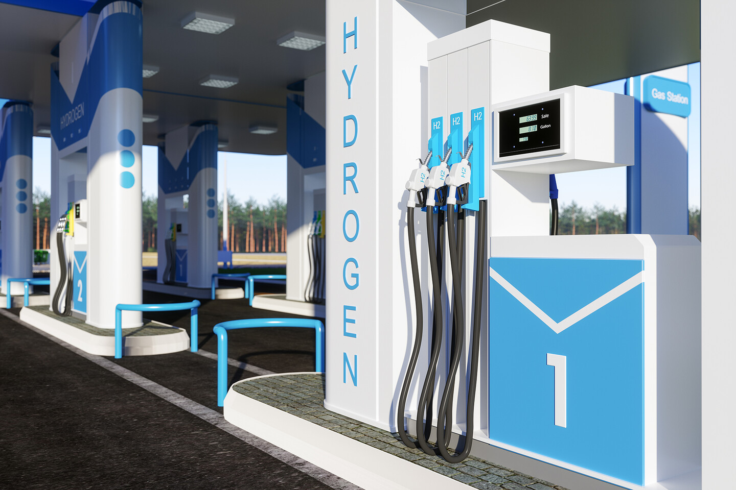 A car at a hydrogen refueling station.