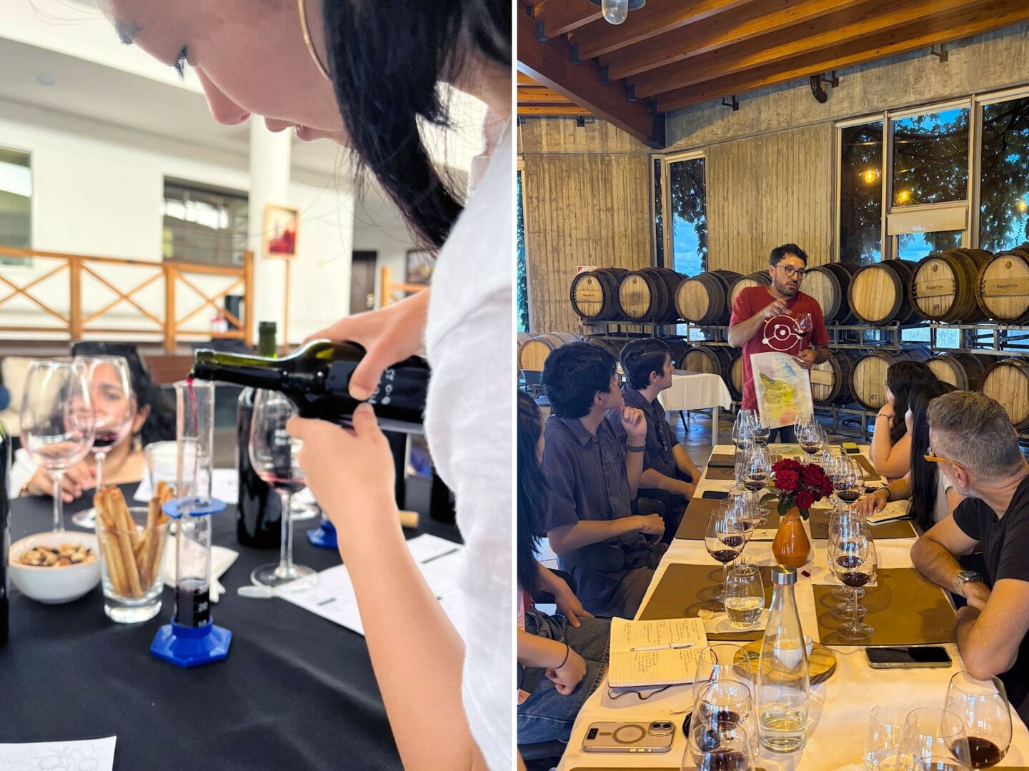 Left: A student pouring wine into a beaker; right: Winery staff member talks to students.