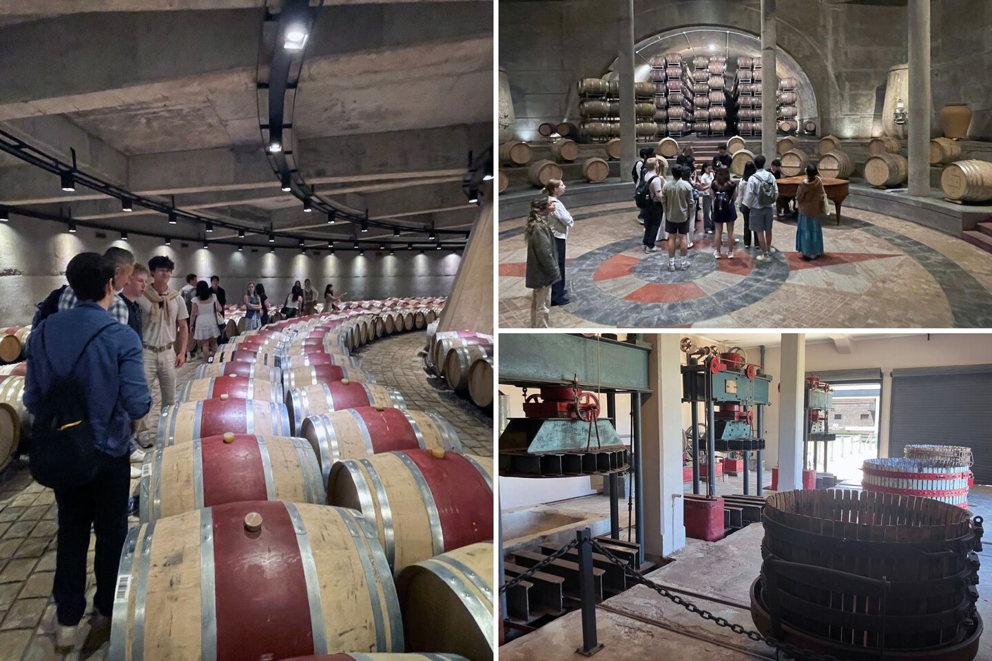 (Left)The barrel aging room at Catena Zapata winery; (top right) an impromptu piano performance by classmate Junzhi Xie in the barrel room at Salentein winery; (bottom right) Vintage grape pressing equipment at the winemaking museum at Trapiche winery.