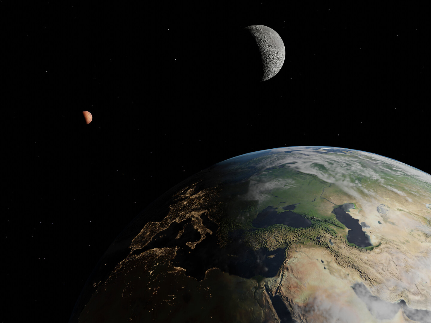 The Earth, Moon, and Mars in outer space