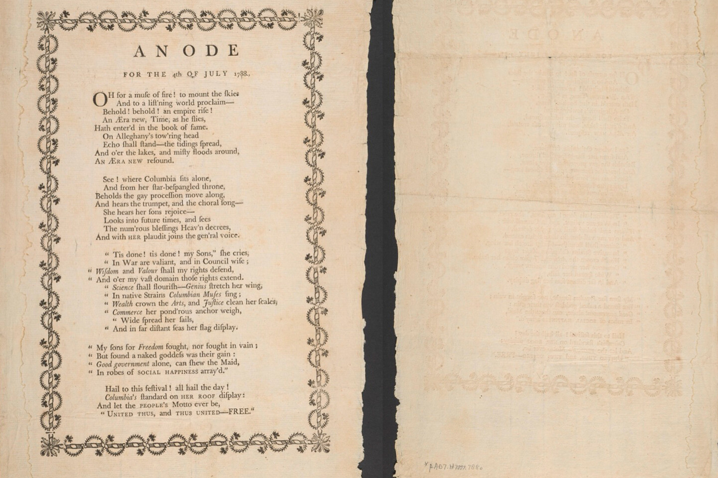 A two-page spread of an aged printed broadside poem titled “An Ode for the 4th of July 1788,” with the left page featuring decorative vine-like borders framing the poem’s text and the right page mostly blank with faint, reversed text showing through the paper.