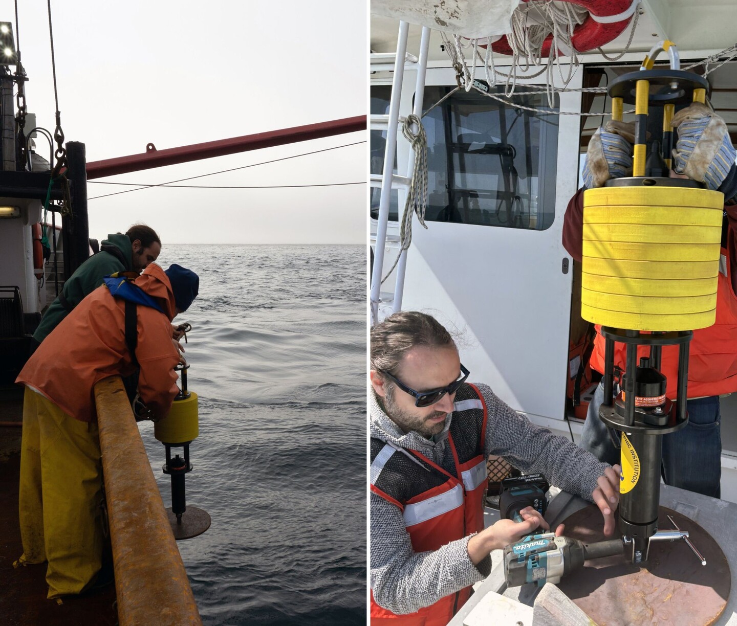 Picture of an ocean reciever, a device used to track whales, being dropped into the ocean.