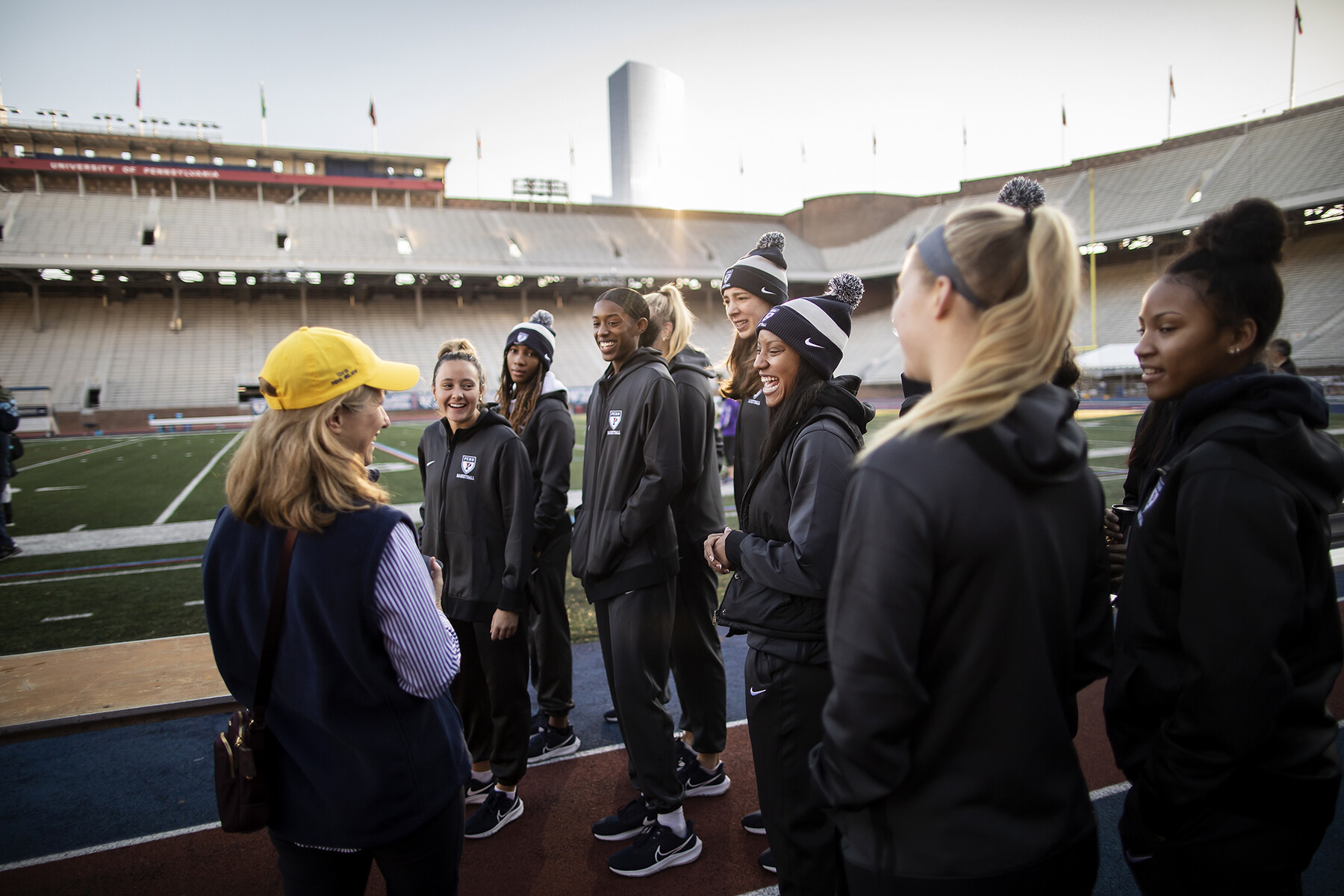 penn president liz magill talks with women's basketball players