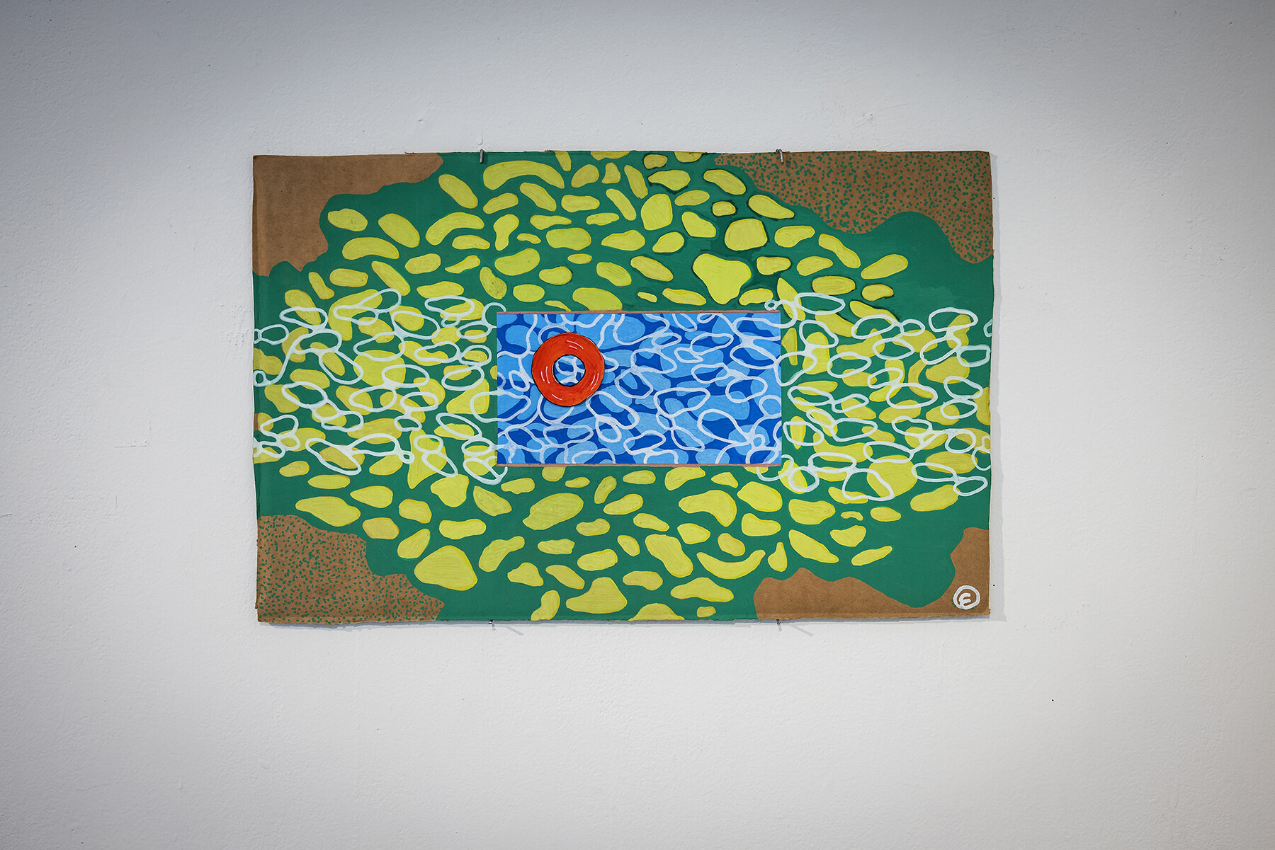 artwork with abstract shapes within circles and squares