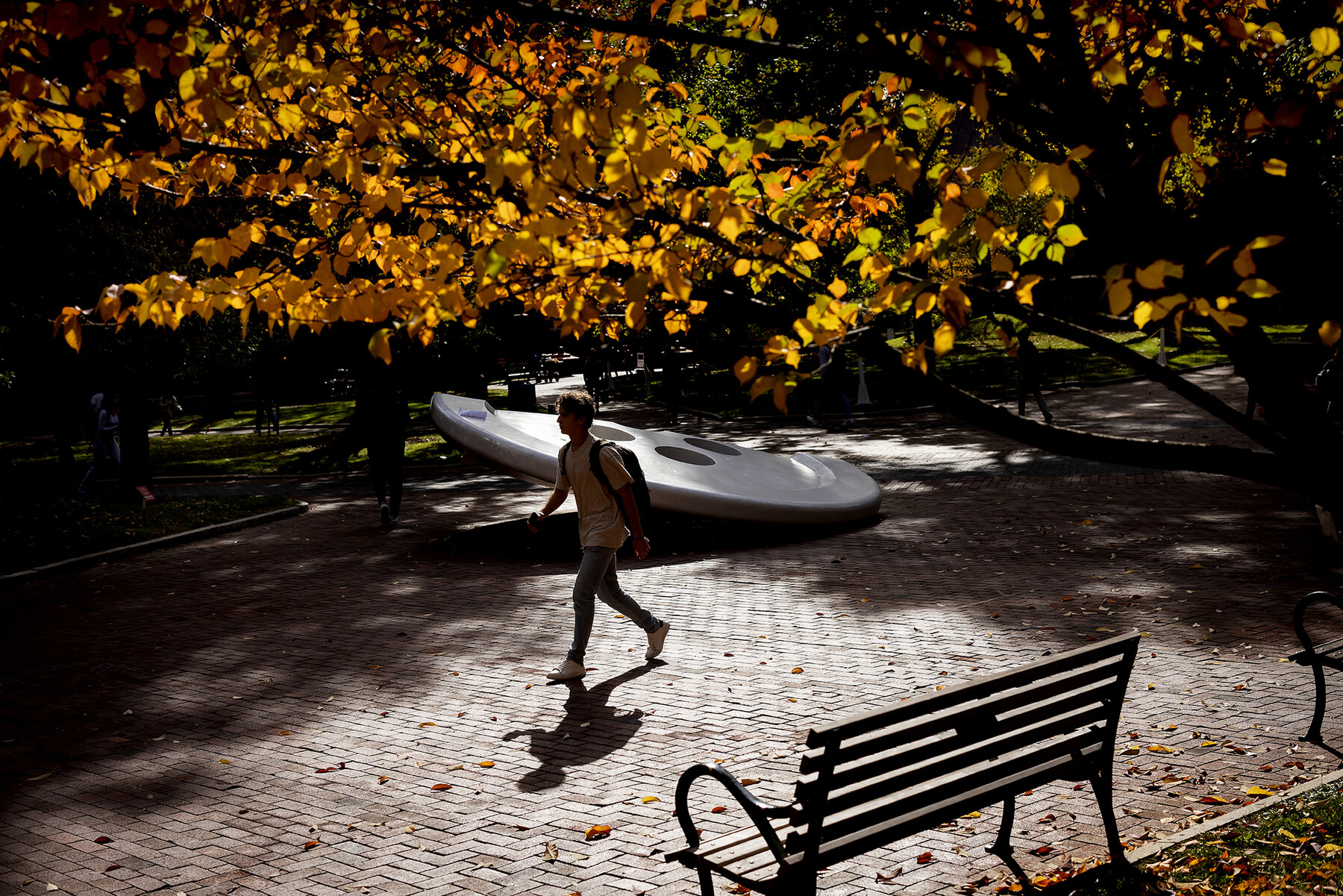 penn student walks on locust walk in front of split button