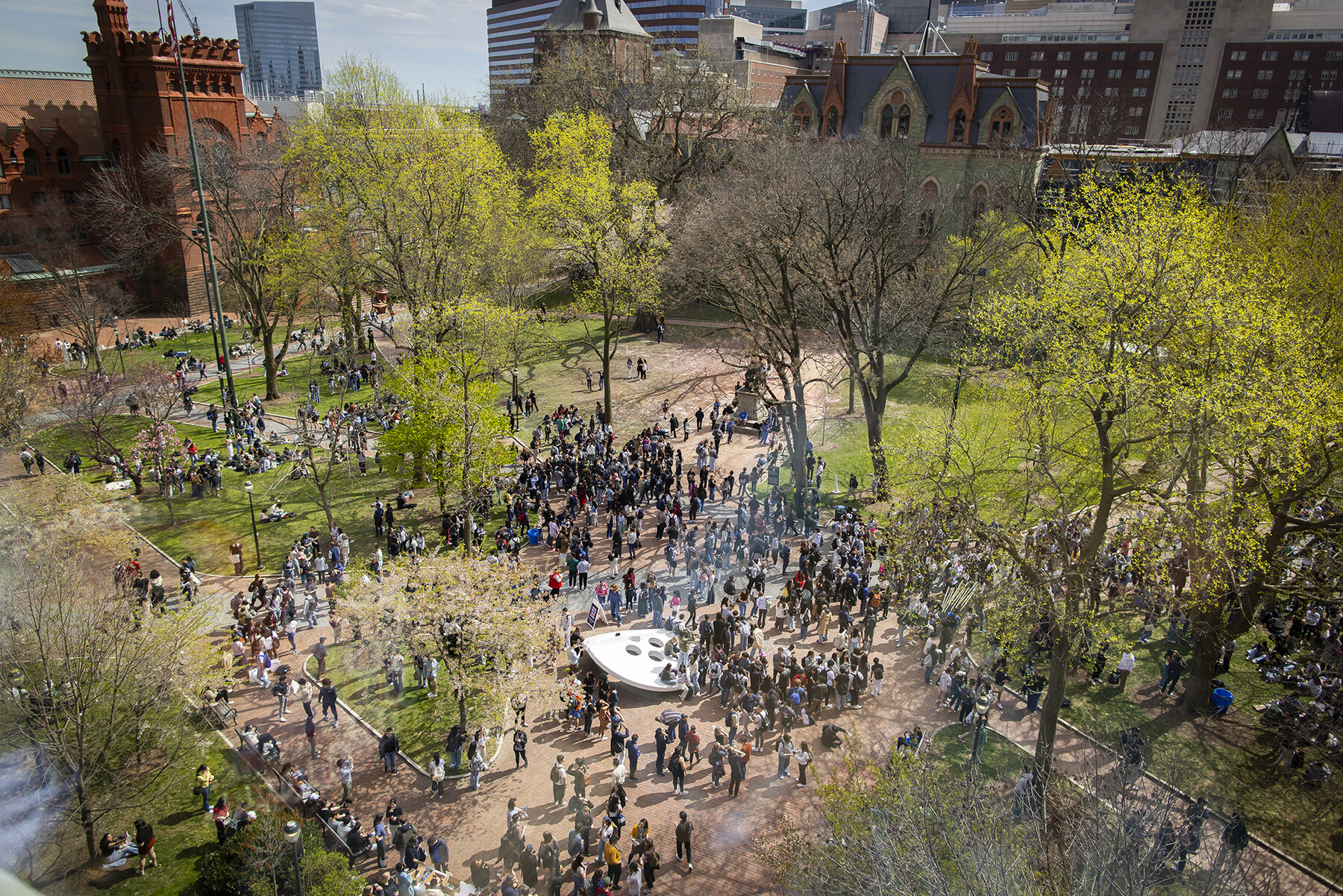 An aerial view of College Green during the solar eclipse.