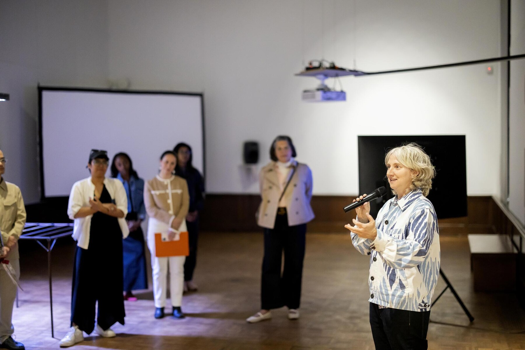 Sharon Hayes speaking in gallery
