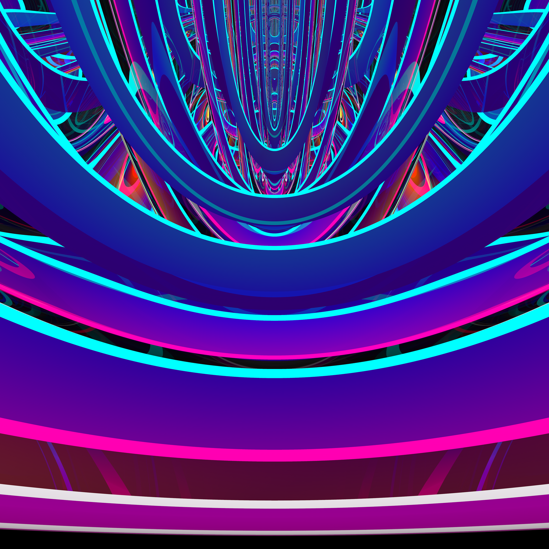 Bright neon-blue and magenta tubular arches curve inward in a repeating, multidimensional tunnel against a dark background