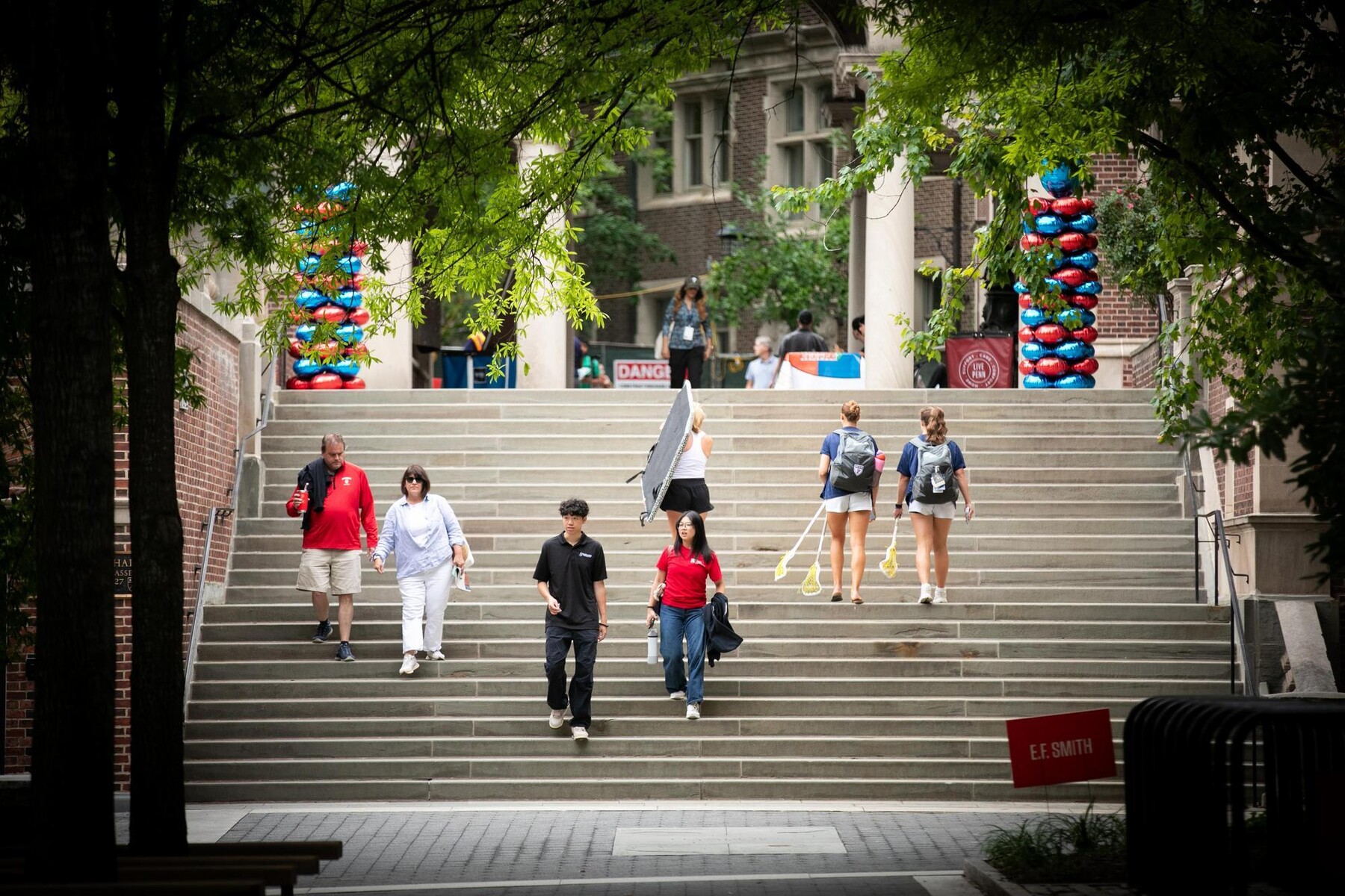Students and family members walking up and down outdoor steps on Penn’s campus during Move-In. campus