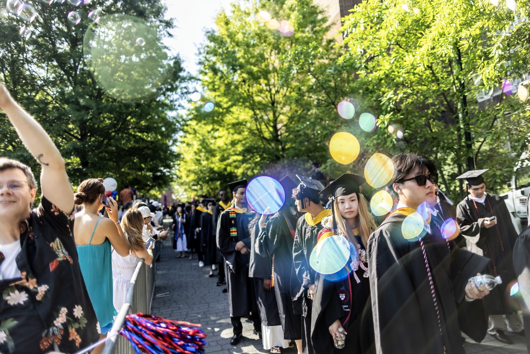 students walking down locust walk in regalia toward commencement