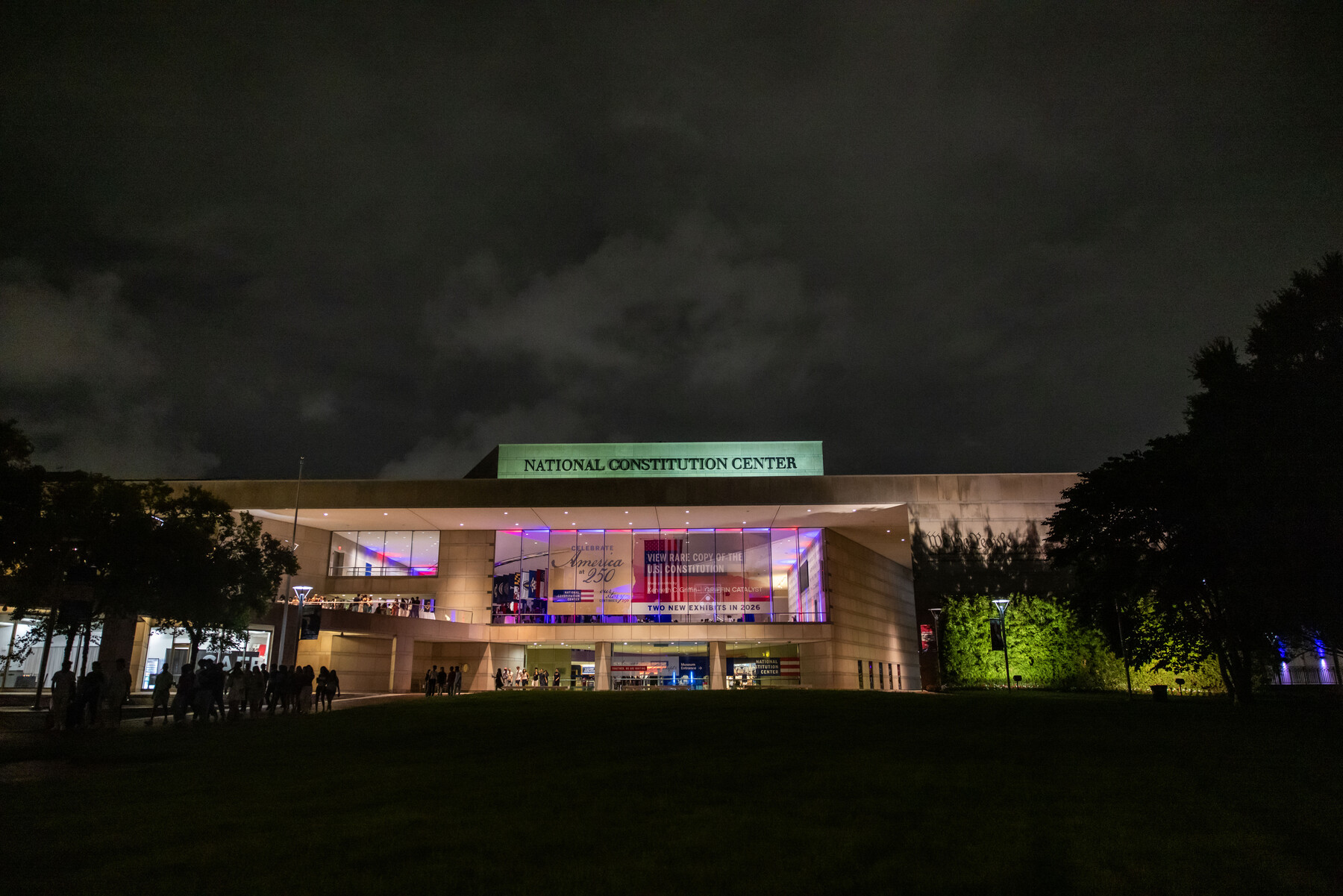 The exterior of the Constitution Center at night.