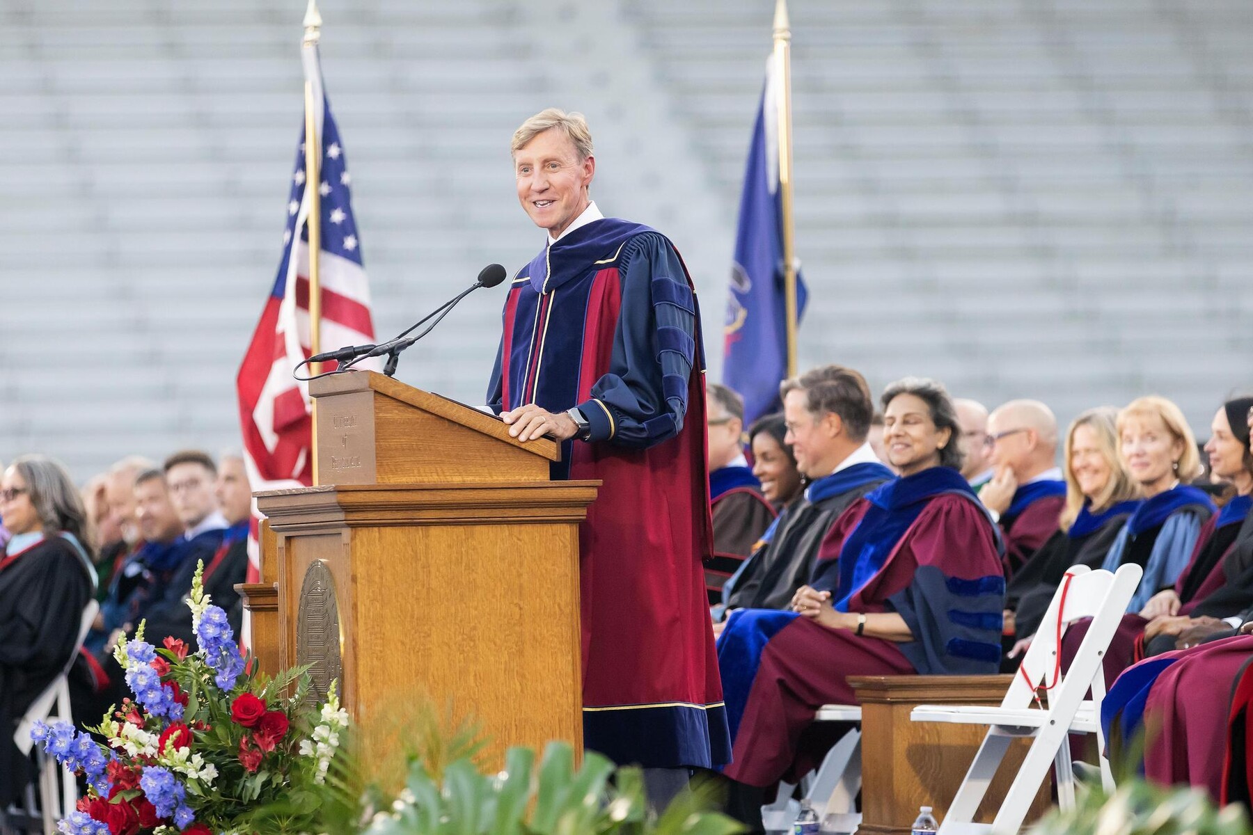 Penn President J. Larry Jameson speaking at the podium at Convocation.