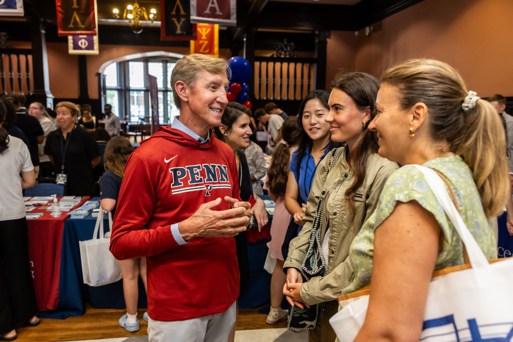 Penn President J. Larry Jameson talking to students and parents in Houston Hall.