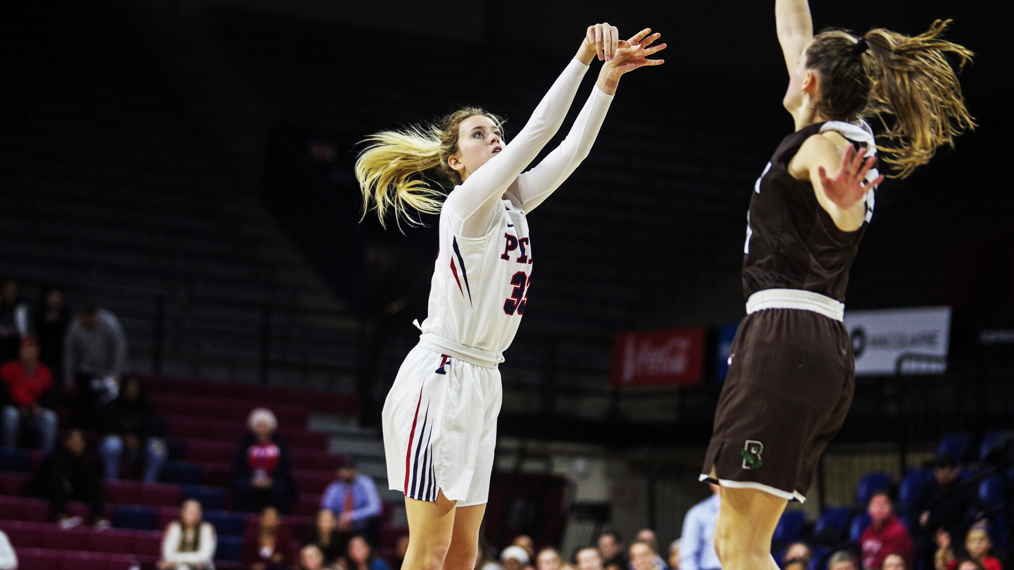 Junior guard Phoebe Sterba shoots a jump shot against Brown at the Palestra.