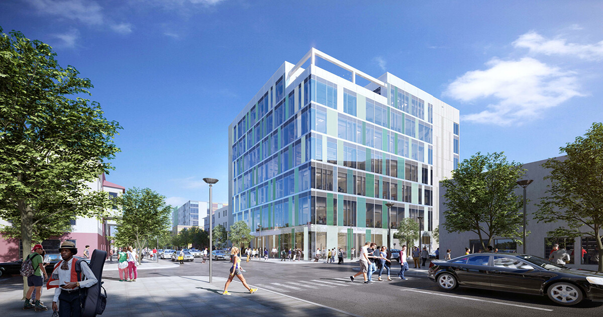Rendering of the new Tangen Hall building on the street corner with pedestrian and auto traffic.