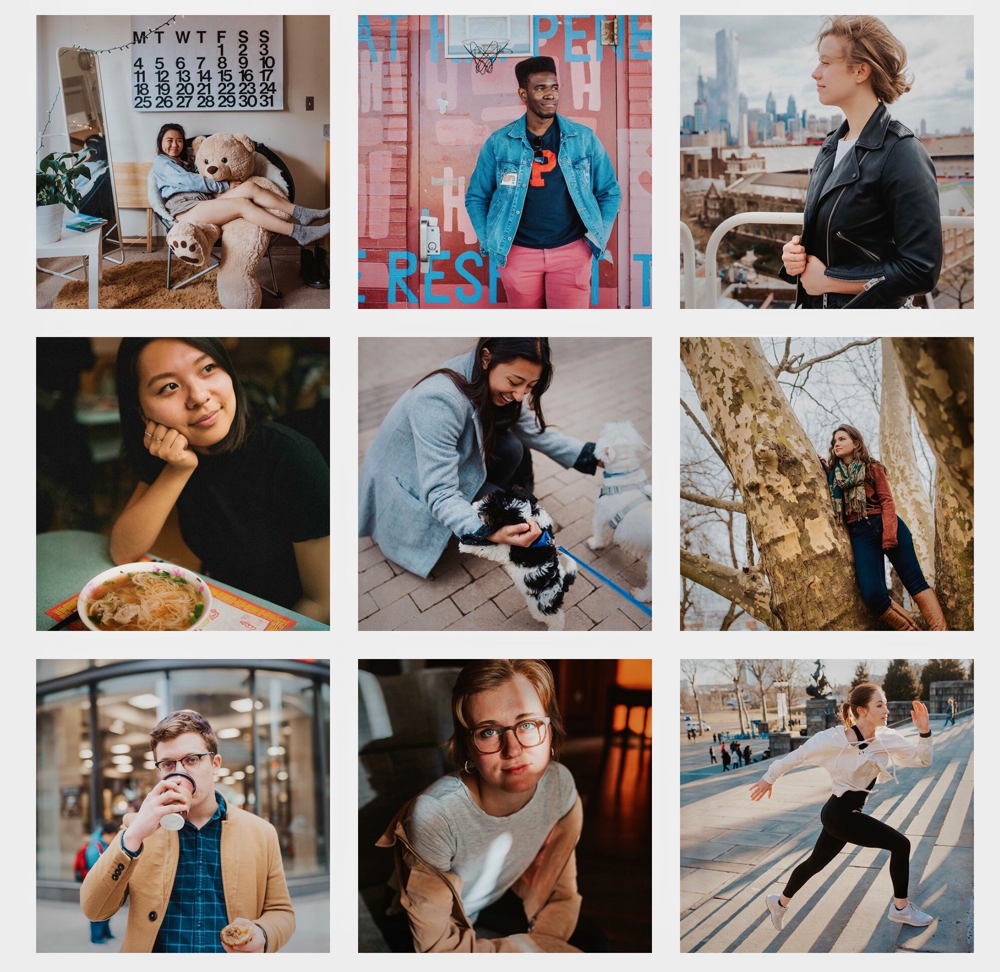 Nine student portraits taken in different places. 