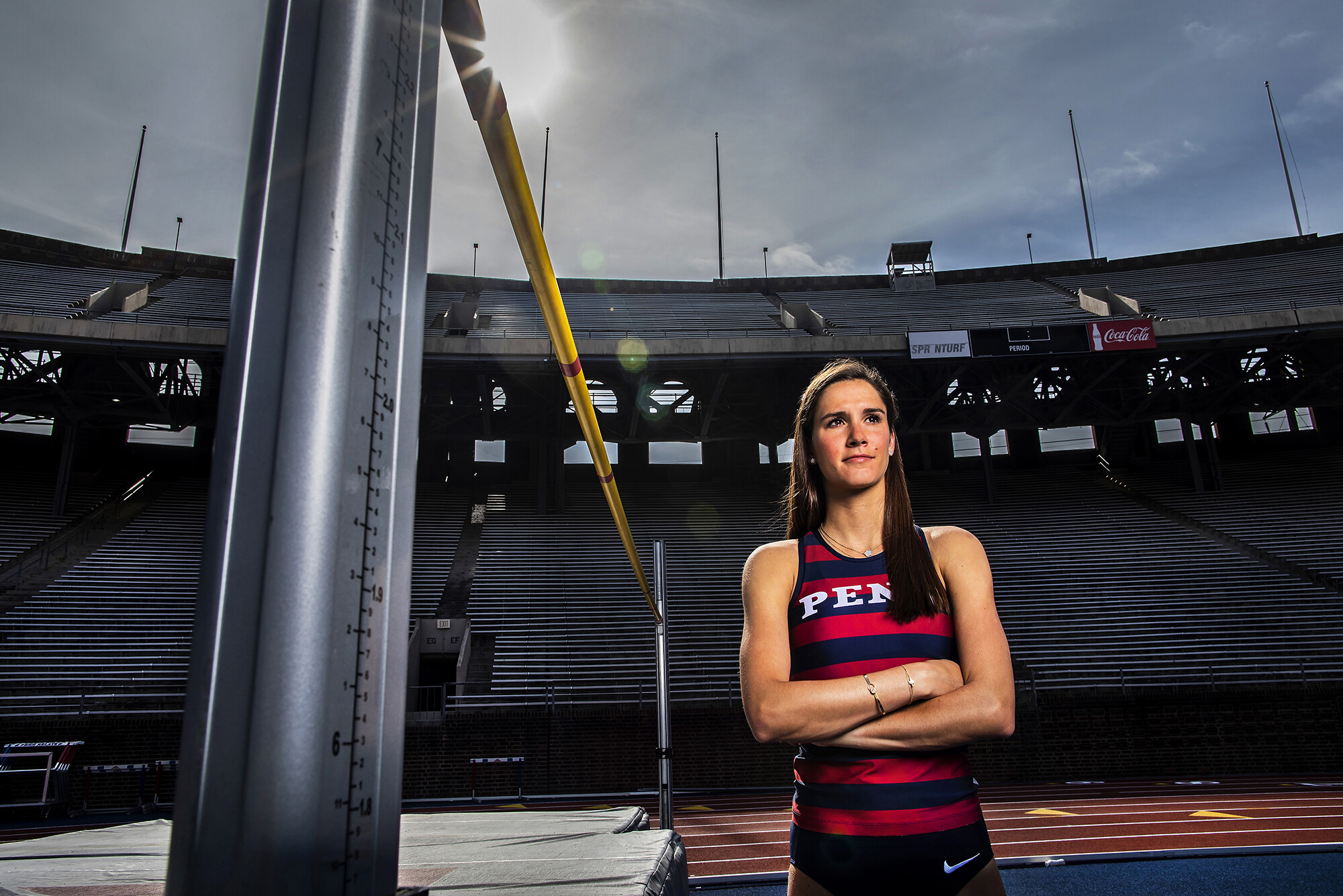 Anna Peyton Malizia poses by the high jump bar at Franklin Field.