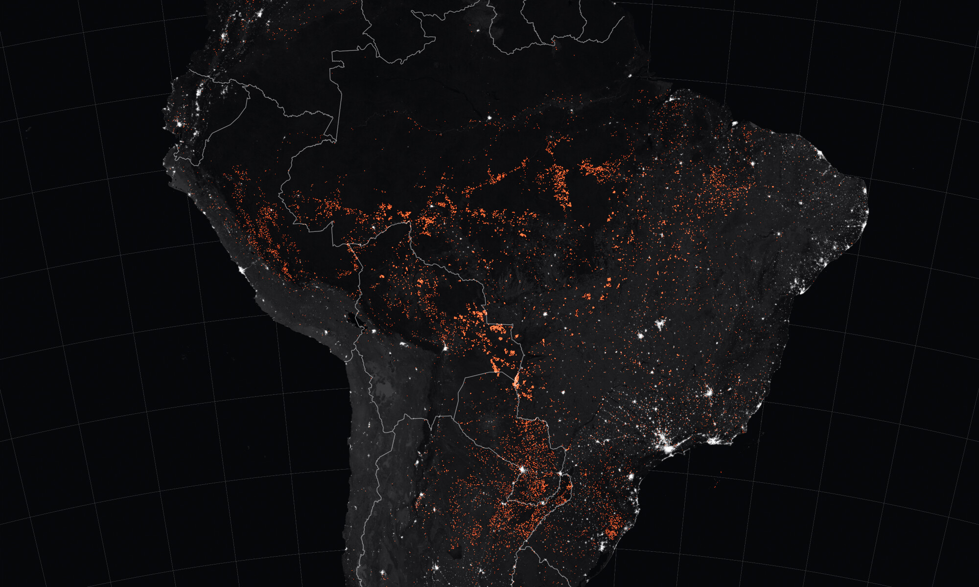 Map of Brazil and other parts of South America showing myriad points of orange