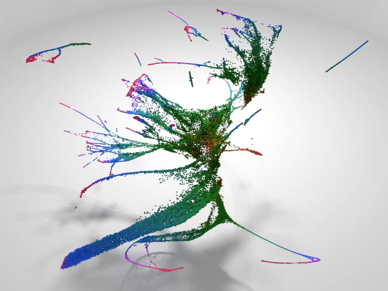 An abstract depiction of data features an elongated shape with various projections in pixels of different colors.