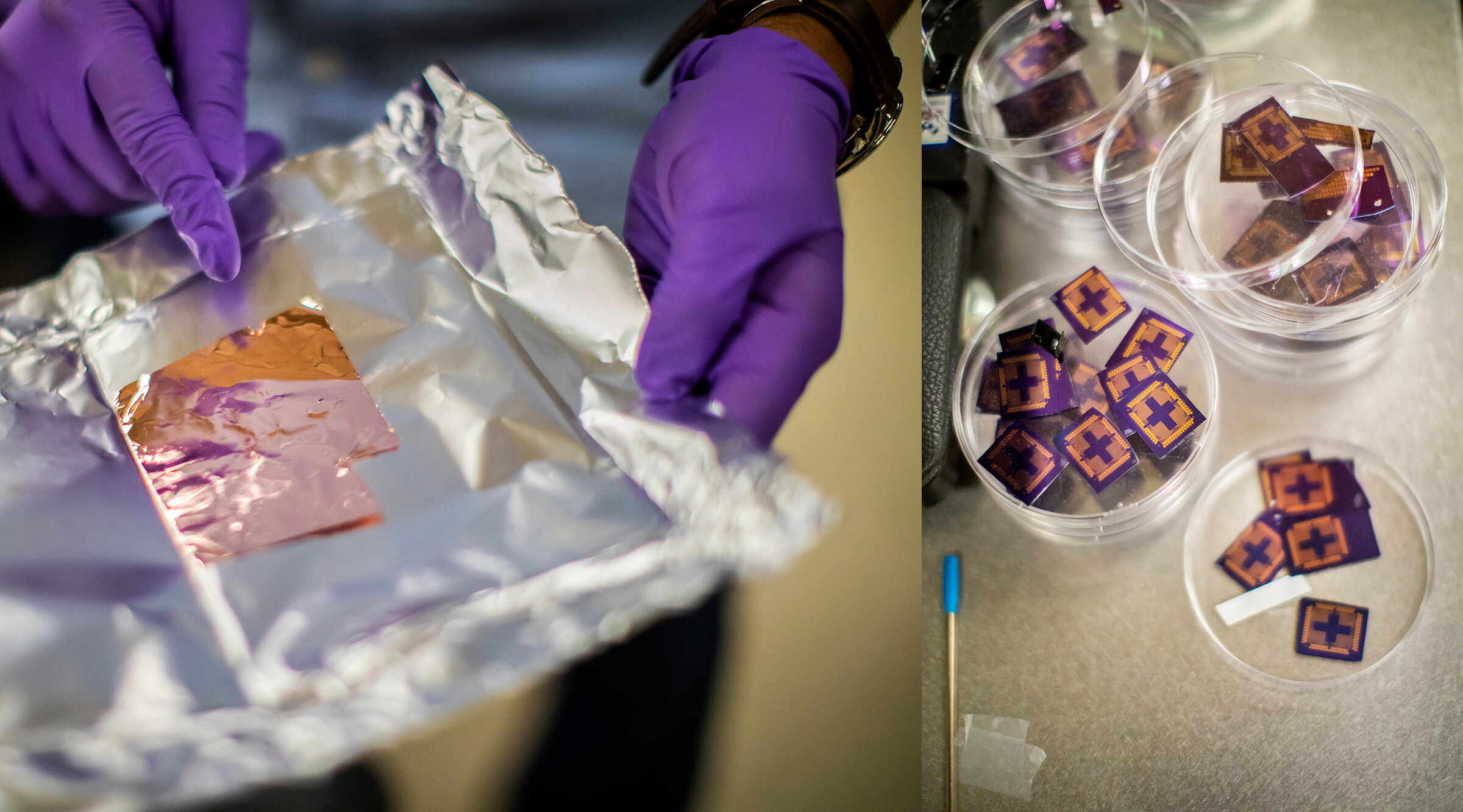 a thin sheet of copper on top of foil with a gloved hand pointing to the copper, next to an image of plastic petri dishes filled with small electronics chips