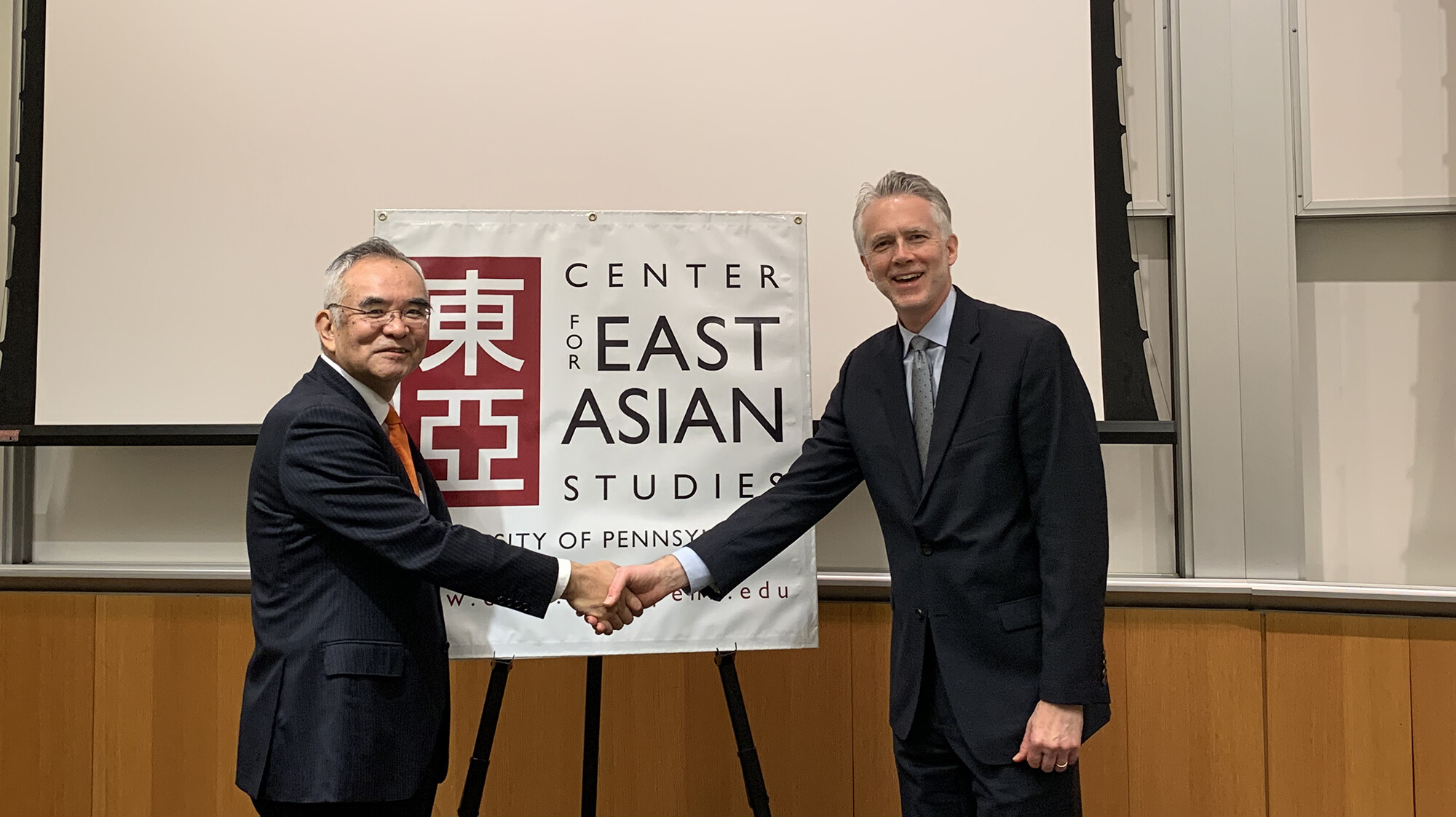 Ambassador Kanji Yamamouchi, left, with Center for East Asian Studies Director Frederick Dickinson at Huntsman Hall.