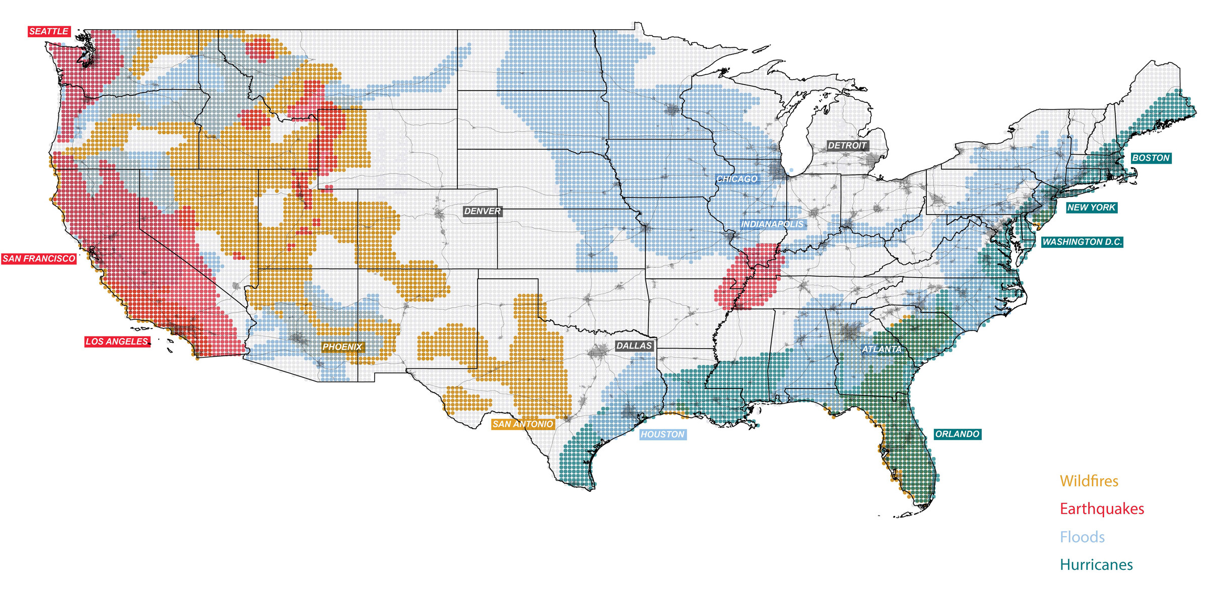 a map of the united states with colored regions indicating different environmental risks, including wildfires, earthquakes, floods, and hurricanes