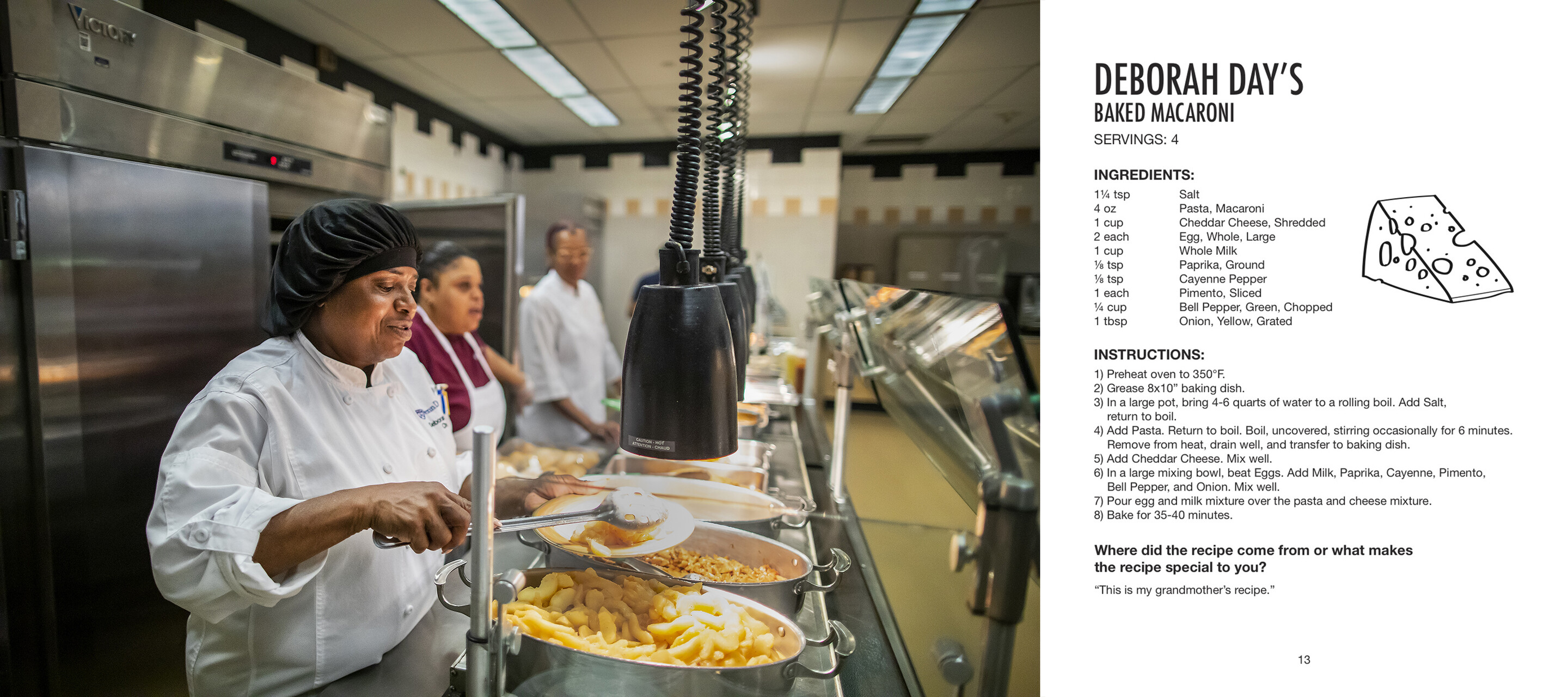 Deborah Day puts food on a plate for a student in the cafeteria. 