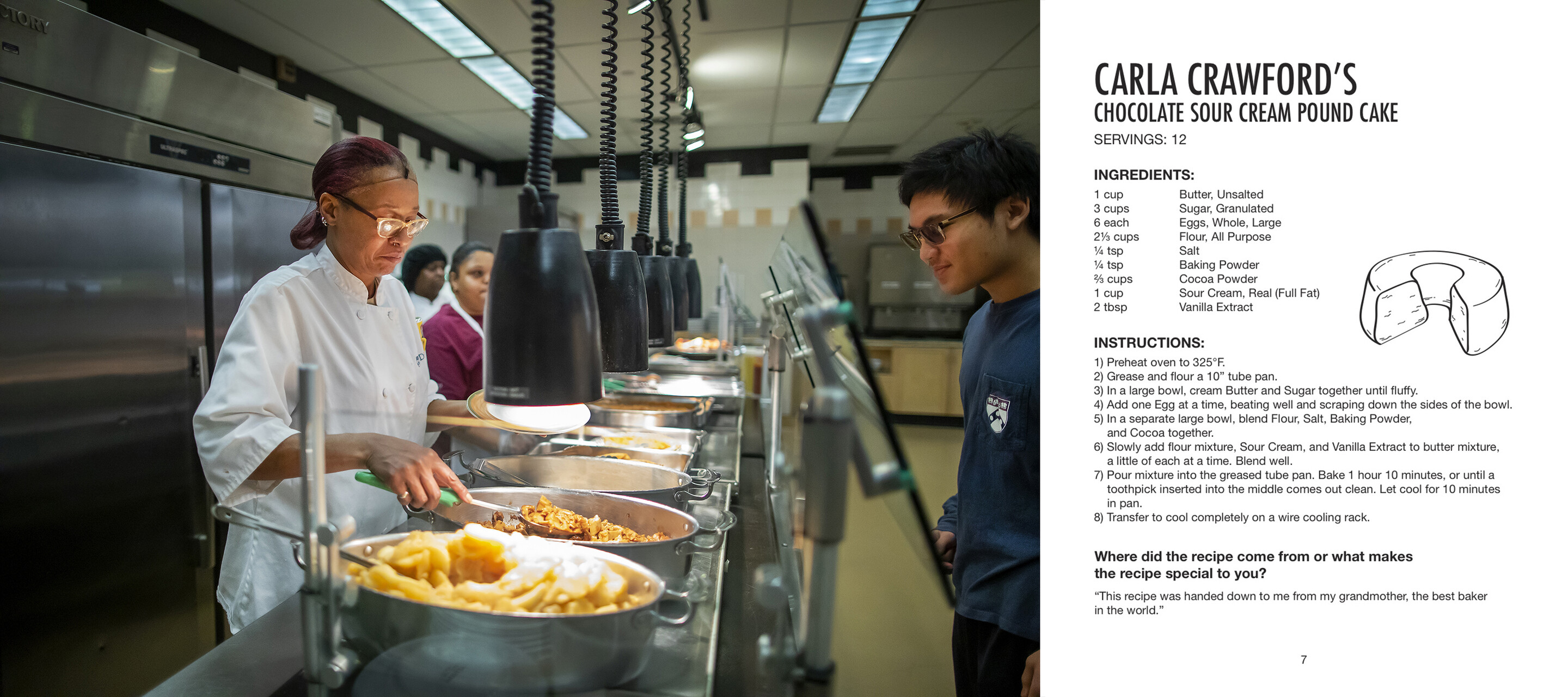 Carla Crawford serving food to a student at the Kings Court cafeteria during lunch, and her recipe for chocolate poundcake, including ingredients and instructions.