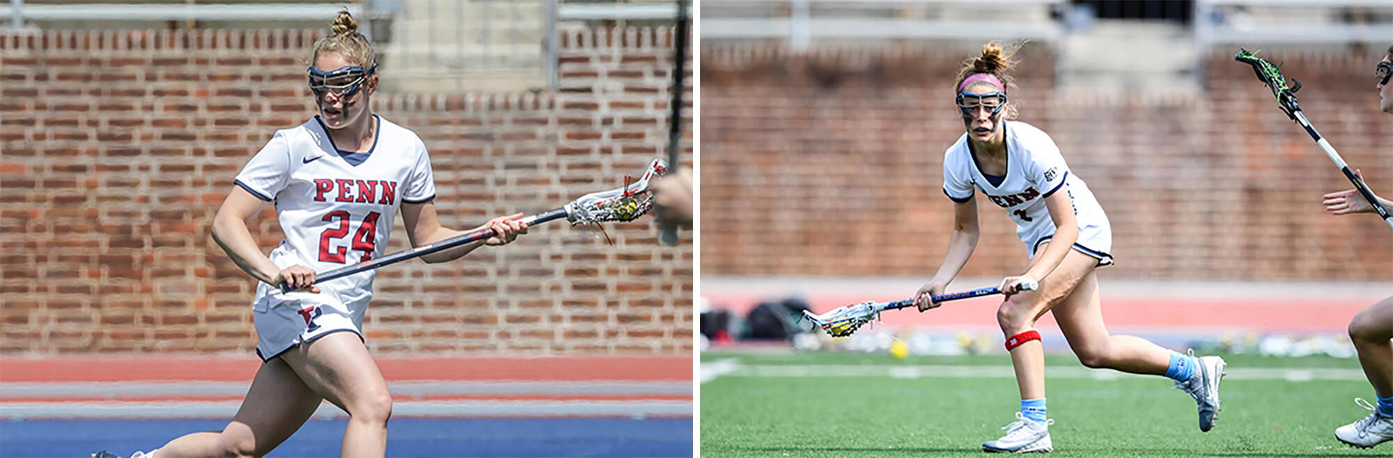 A composite of Gabby Rosenzweig, left, Abby Bosco of Penn women's lacrosse playing during a game.