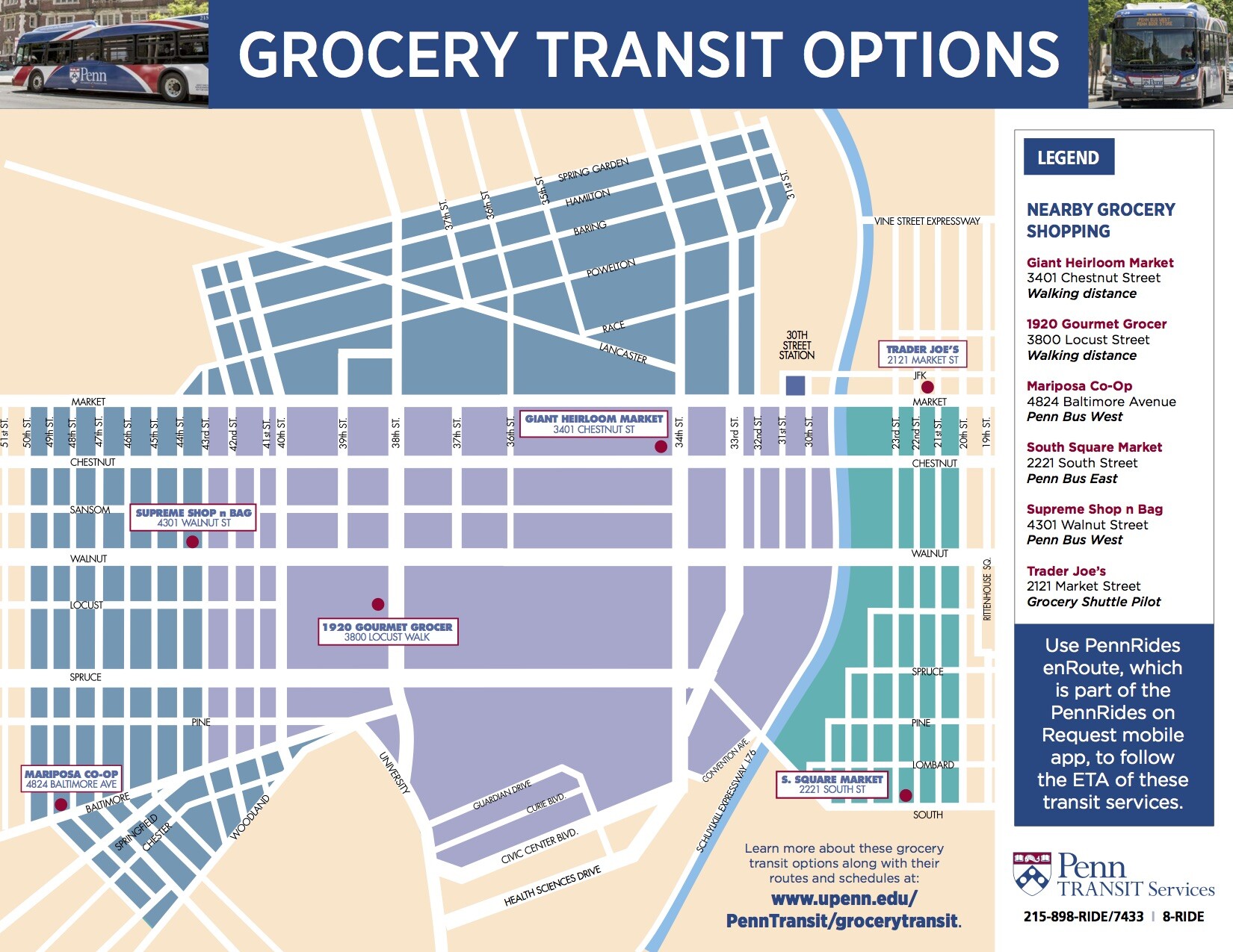Map of Penn campus and surrounding areas with The Gourmet Grocer, South Square Market, Supremo Shop n Bag, Trader Joes, Giant Heirloom Market, and Mariposa Coop highlighted