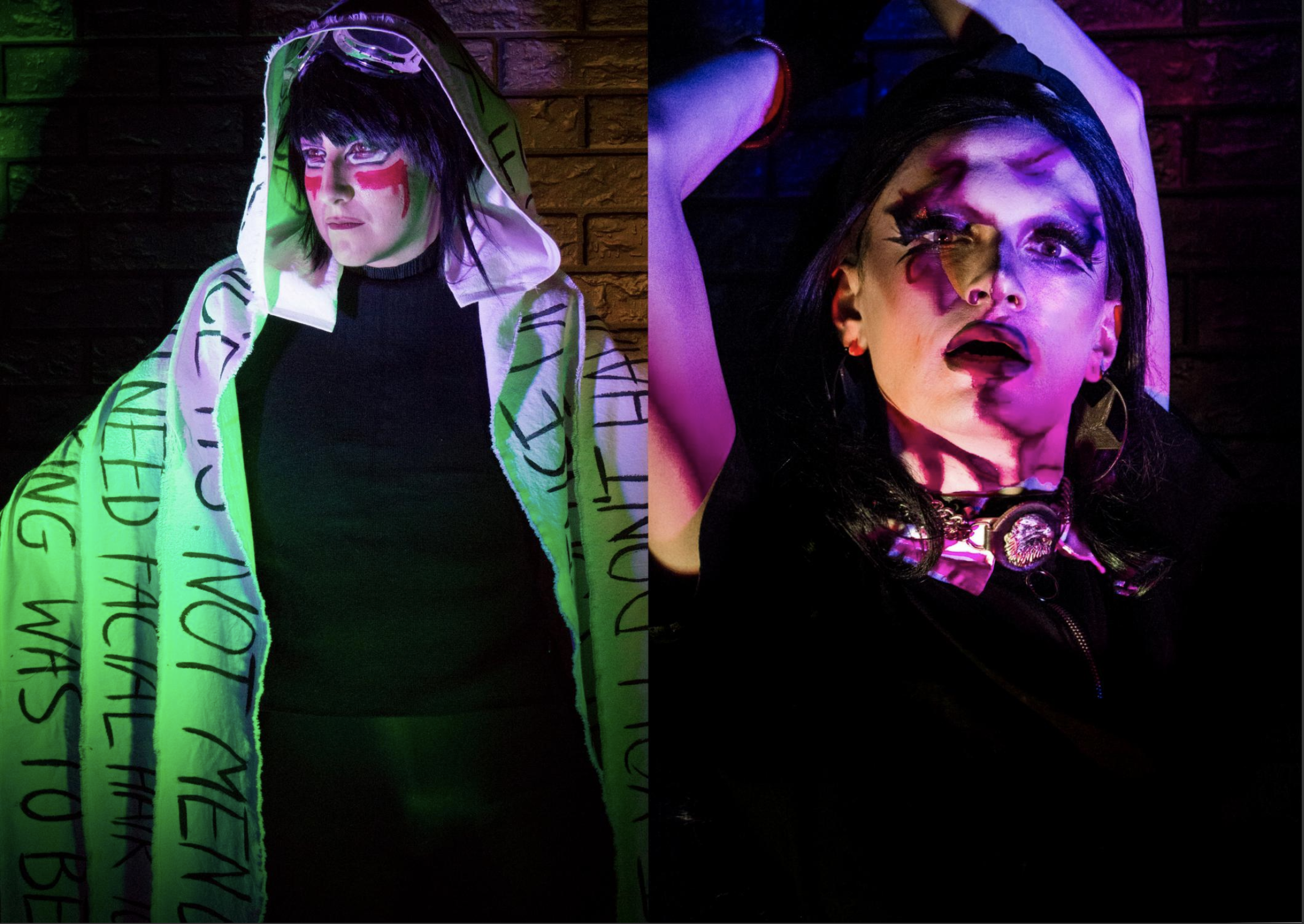 side-by-side images of people in costumes and face paints