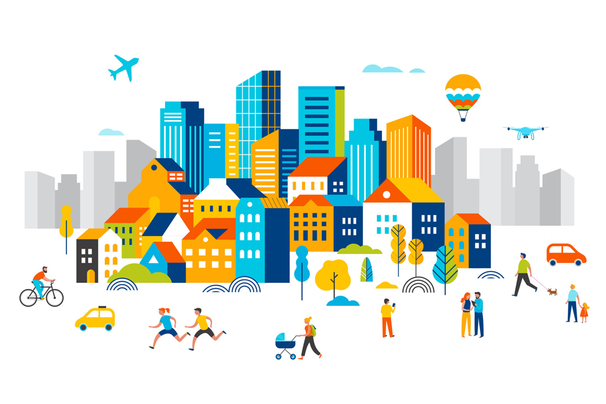Pedestrians lounging around a city filled with bicycles, cars, and airplanes