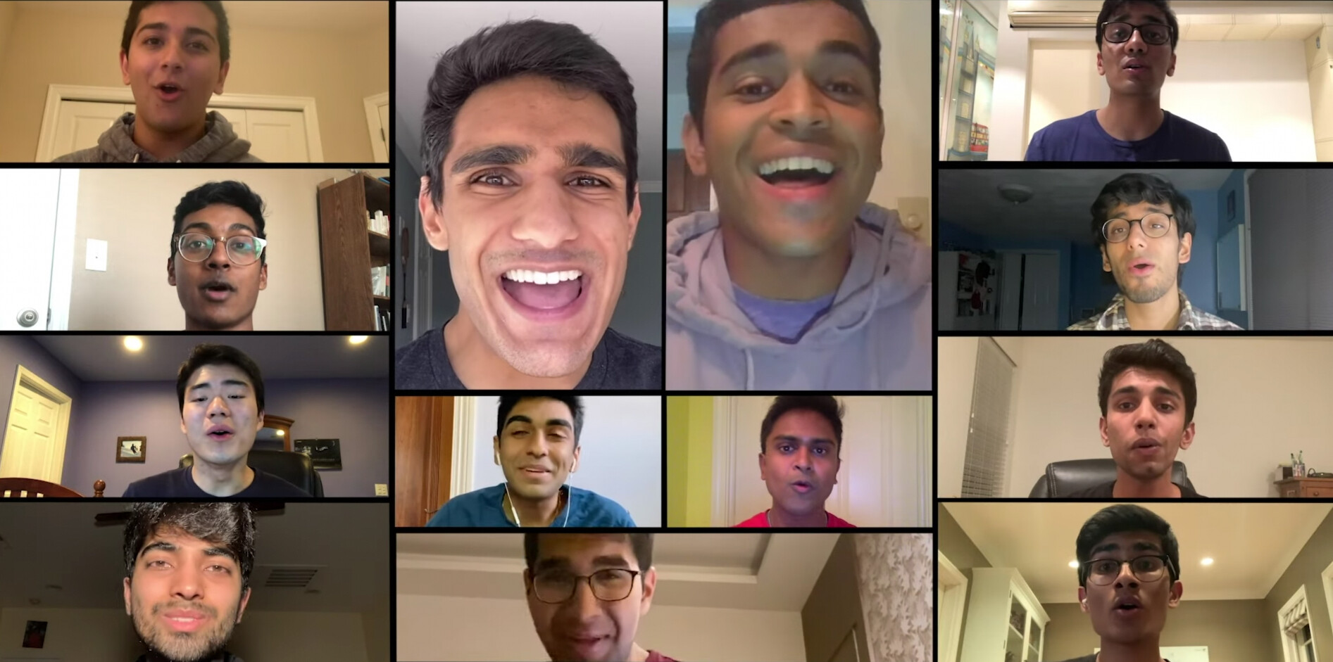 13 students singing in individual squares on a computer screen