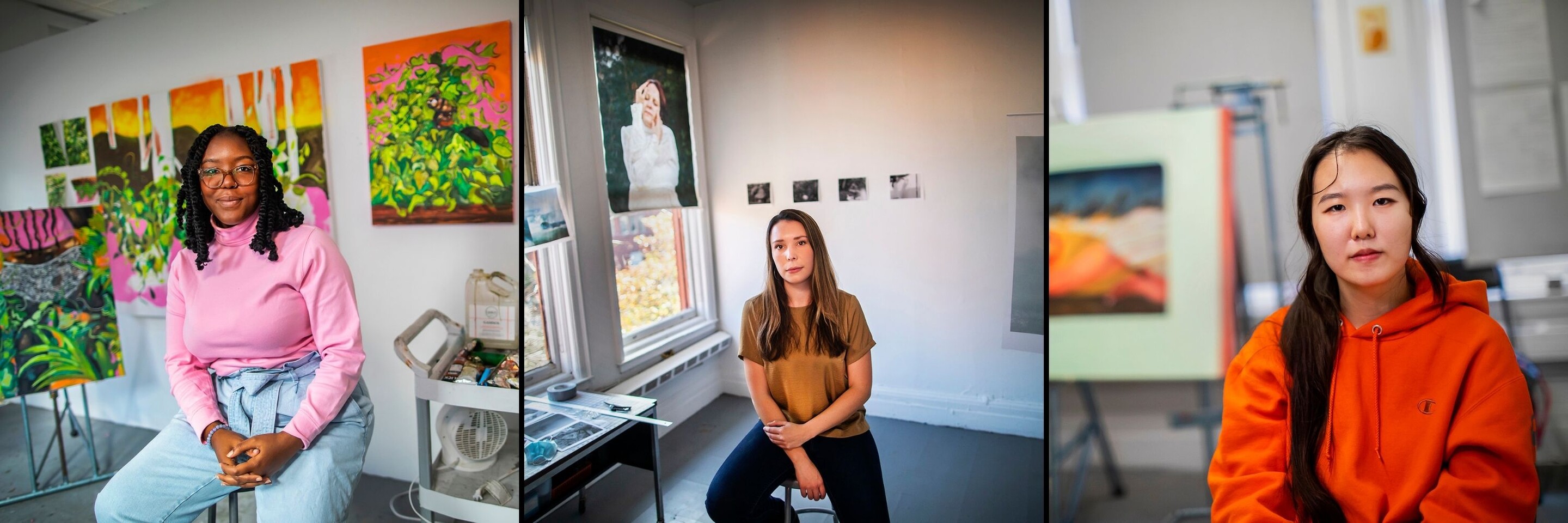 Patricia Renee Thomas, Amrita Stützle and Kay (Seohyung) Lee, each seated in their own studios.