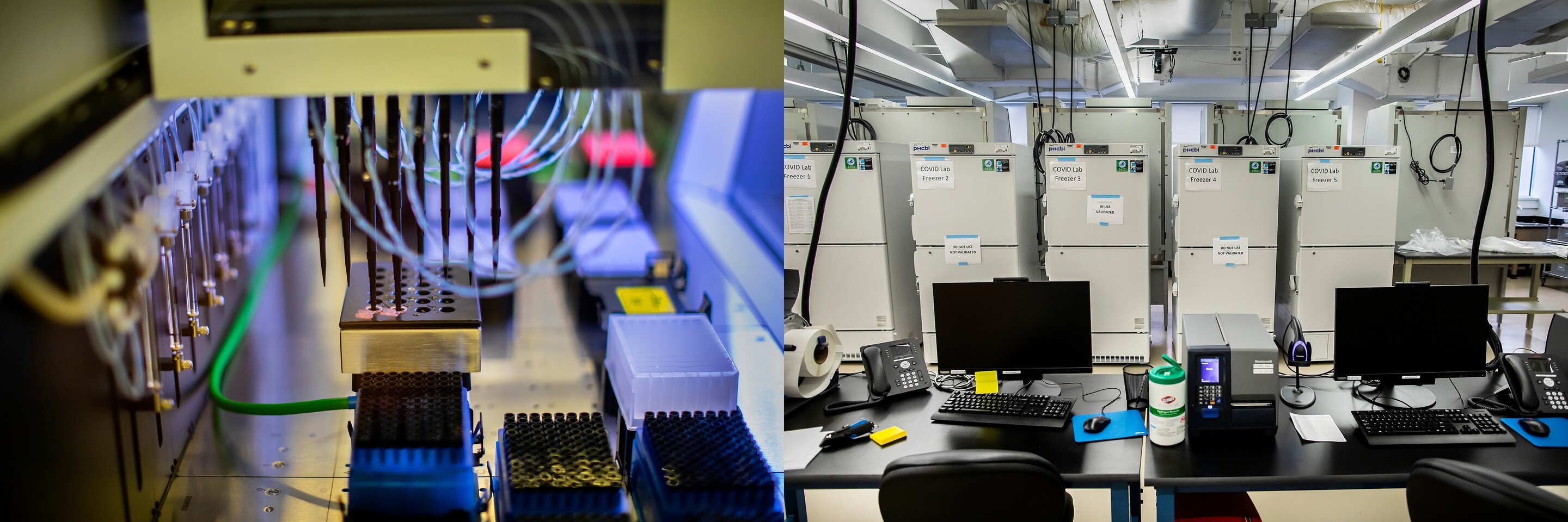 a compiled image showing the automated pipetting robots and the refrigerators used in a testing laboratory