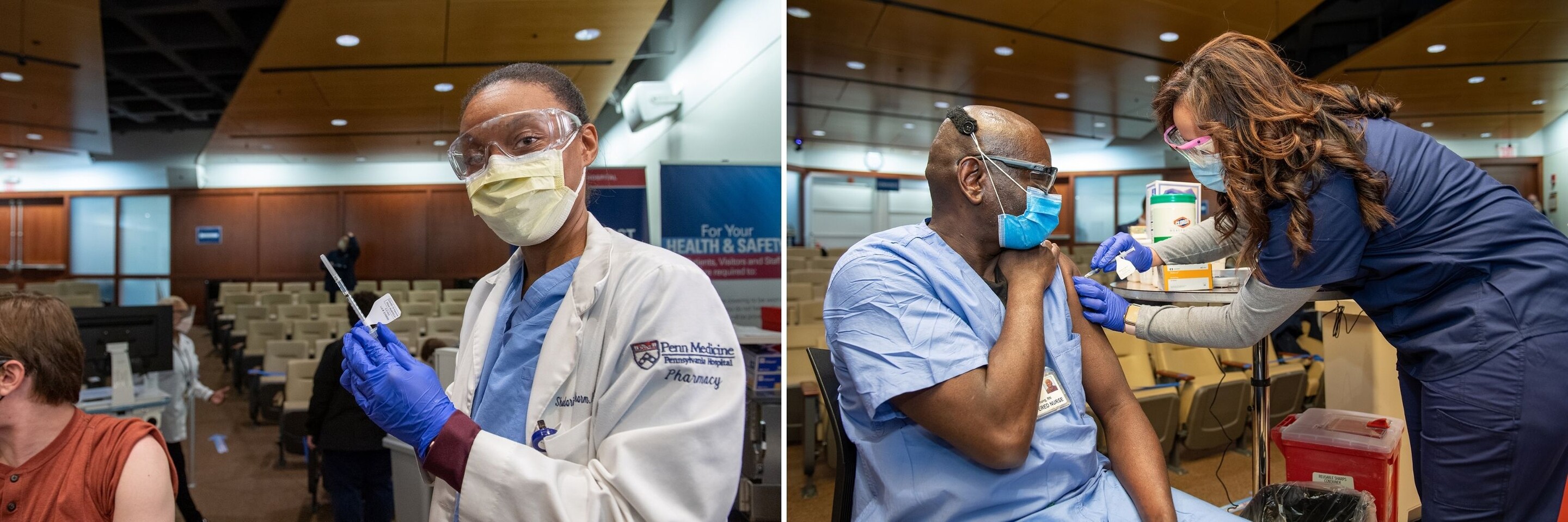 At left, a medical worker with a white coat, goggles and face mask and gloved hands holds a syringe filled with vaccine. At right, a medical worker in scrubs and face mask receives a vaccine syringe in their upper arm by a medical professional.