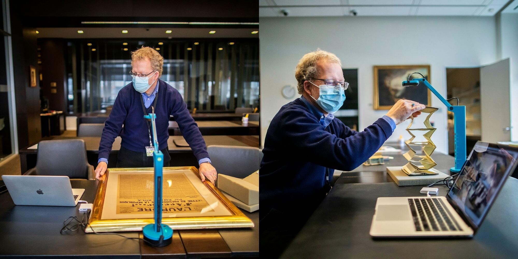 At left, a person wearing a mask working in the Penn libraries holds a large framed piece of art for scanning. At right, a person wearing a face mask scans an old pop-up book into a laptop on the desk beside them. 