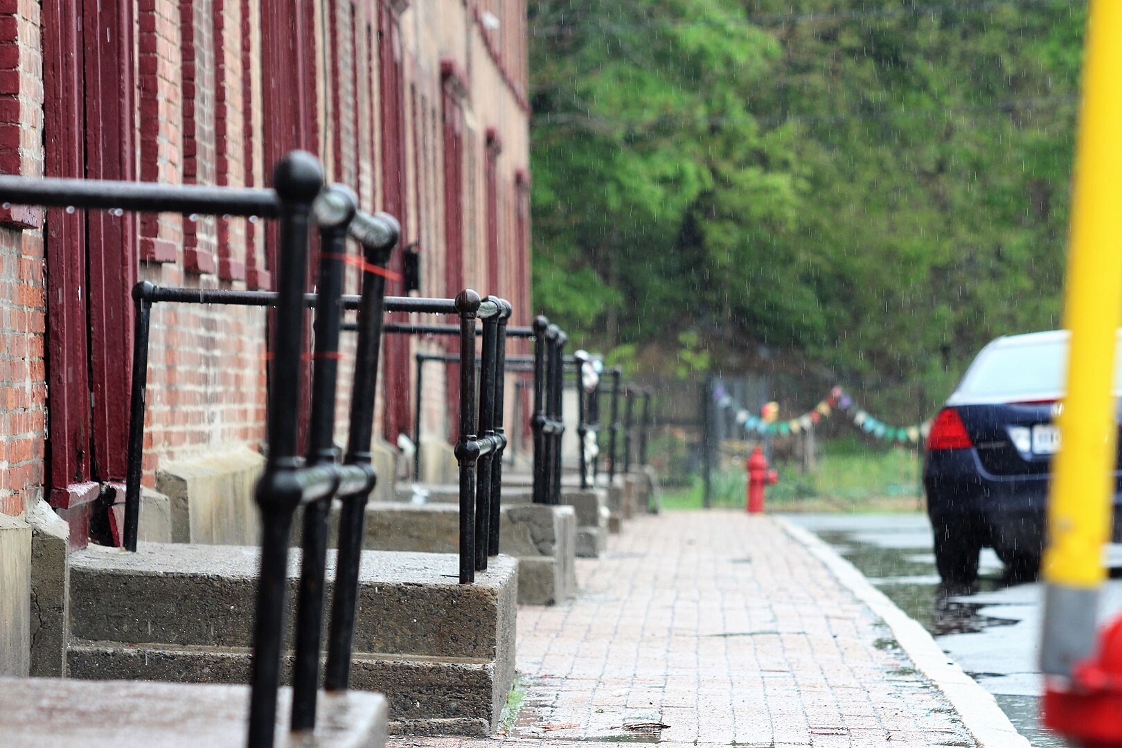 Brick facades on a rainy day