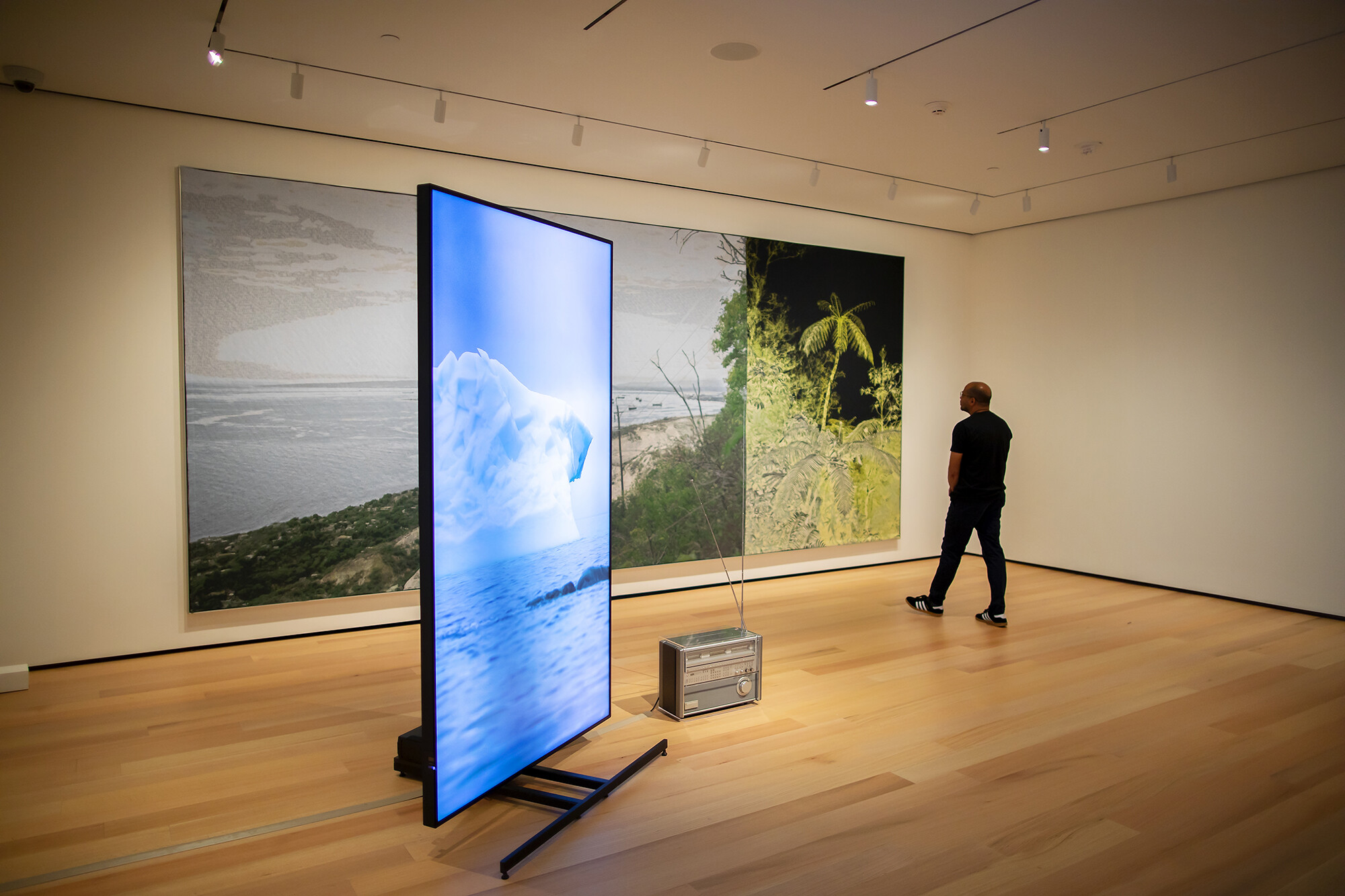 Artist standing in gallery looking at his installation