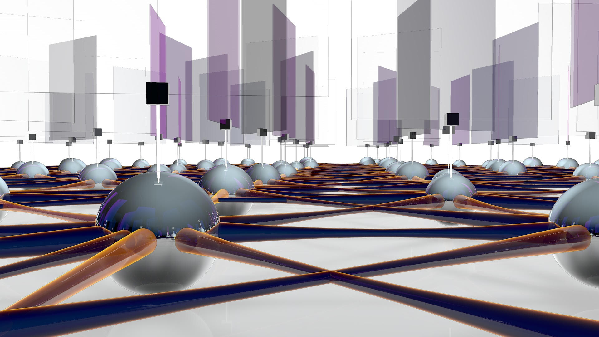 interconnected nodes with squares depicting information above them